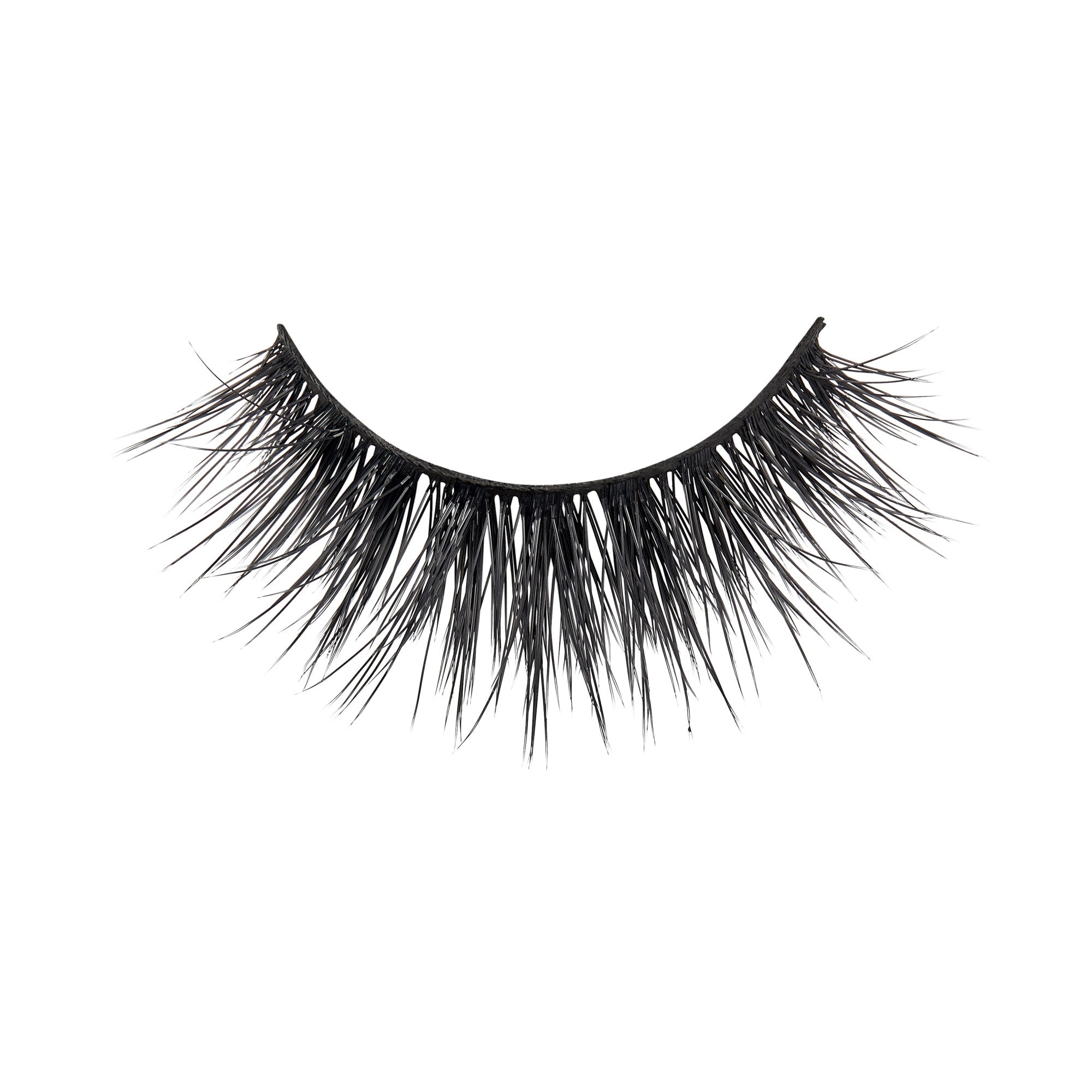 One pair of black, wispy false eyelashes with varying lengths, displayed against a white background, designed for added volume and natural look.