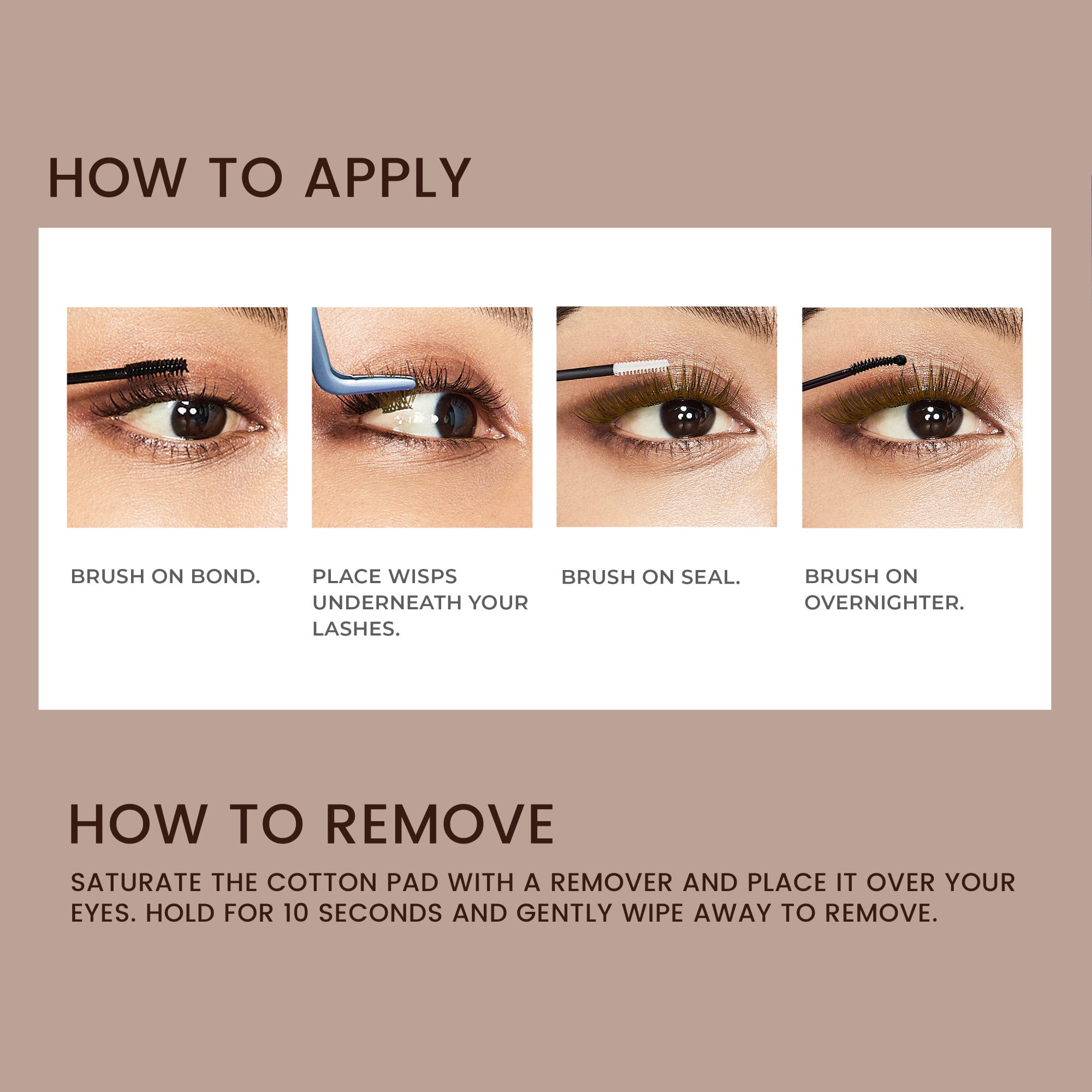 Four-step tutorial showing close-ups of an eye applying eyelash wisps: brush on bond, place wisps underneath lashes with tweezers, brush on seal, brush on overnighter. Removal instructions below.