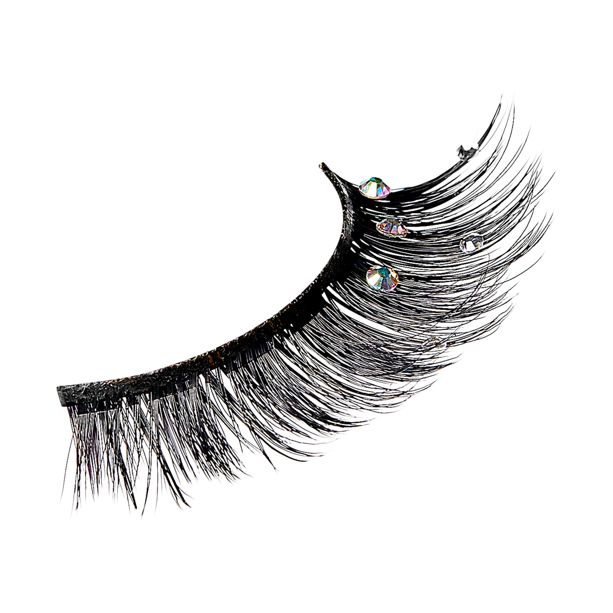 Black false eyelashes with iridescent crystal embellishments on white background.