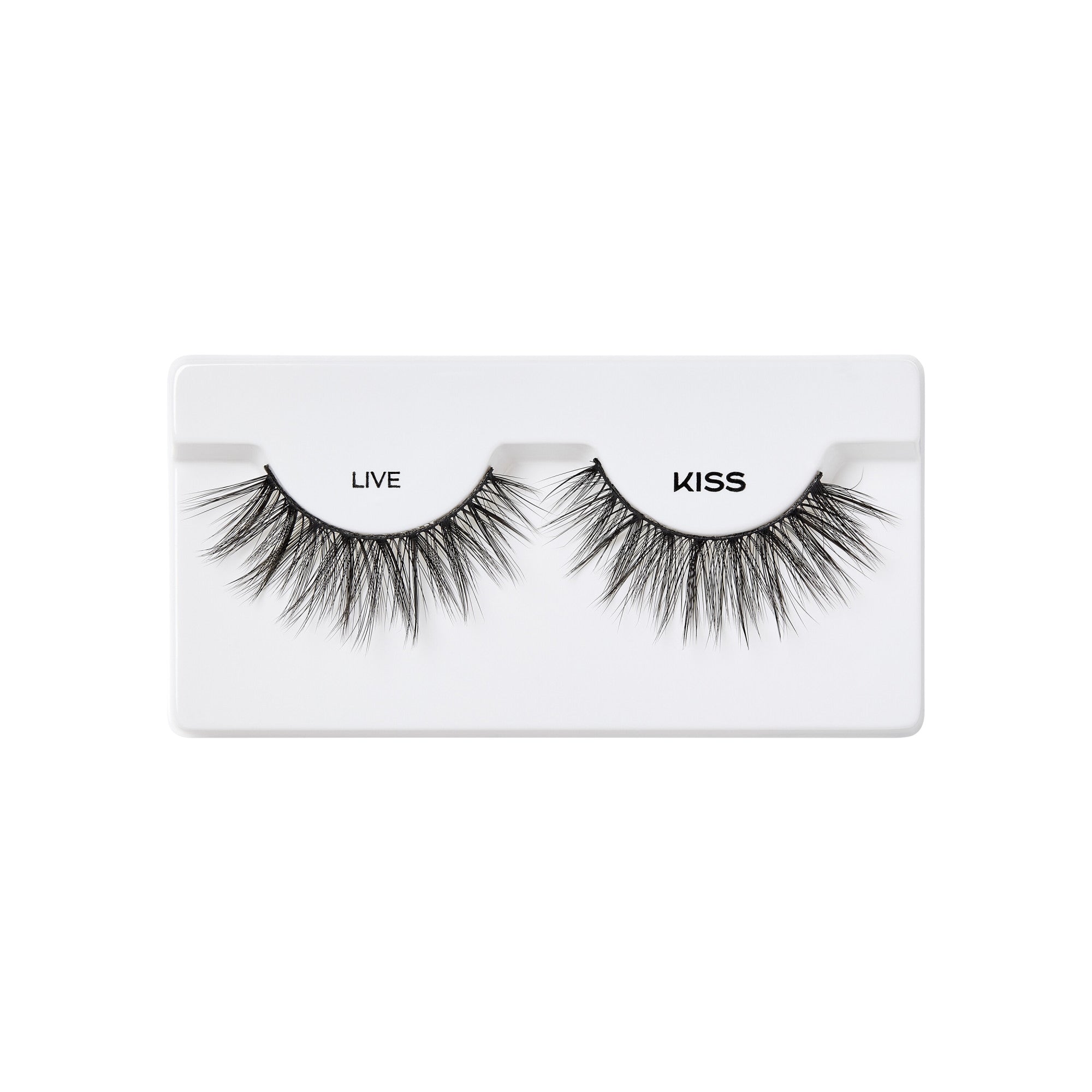 Pair of black, wispy false eyelashes displayed in white plastic tray with \
