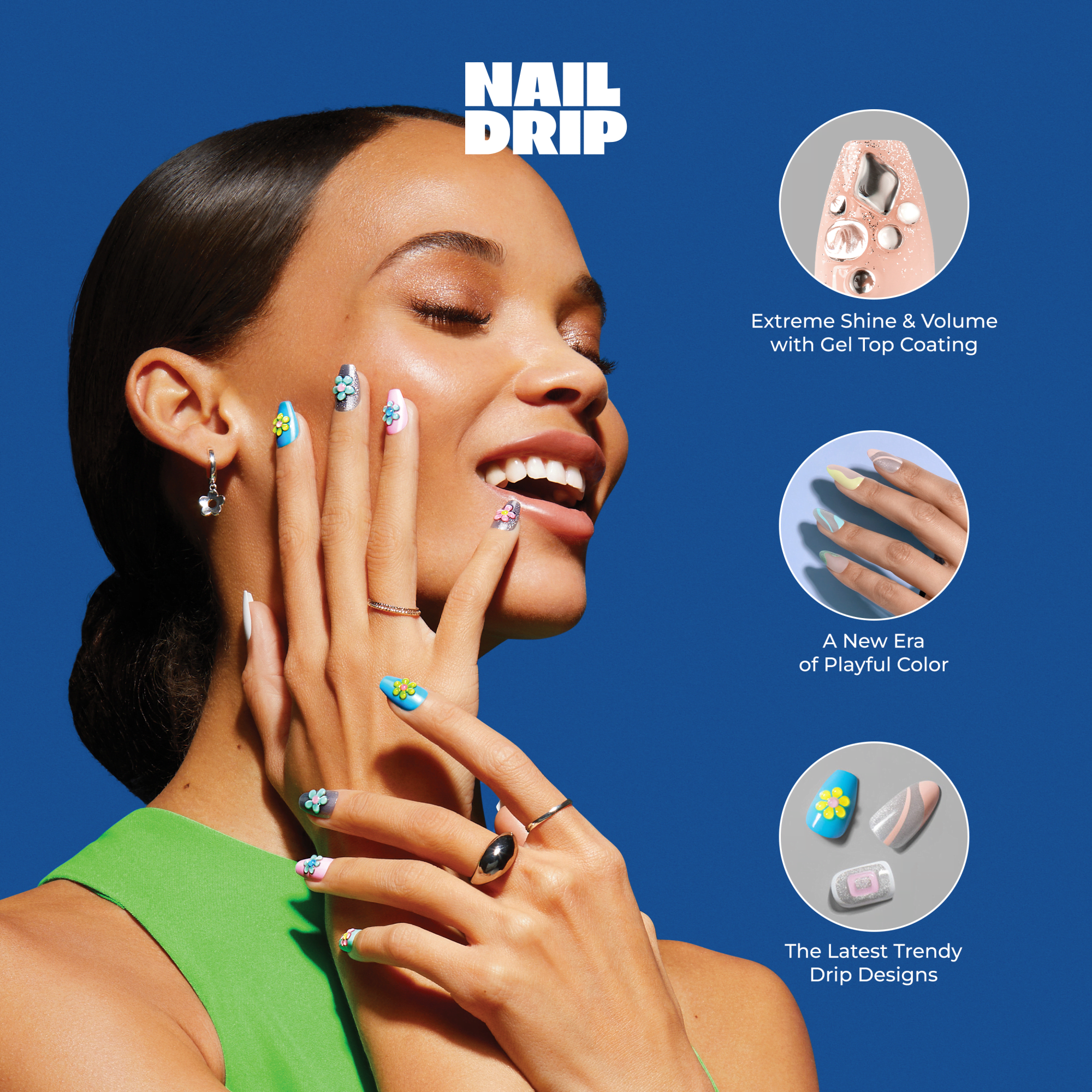 Smiling woman in a green top shows colorful KISS Nail Drip press-on nails with 3D flower accents on a blue background with text highlighting shine, playful color, and trendy drip designs.