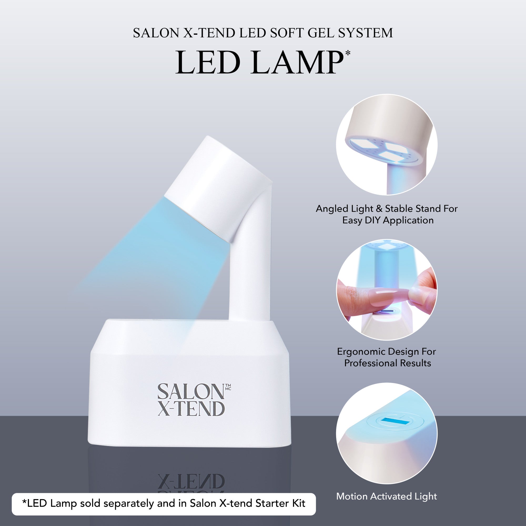 White Salon X-tend LED soft gel system lamp angled with blue light, showing stable stand, ergonomic design for nails, and motion-activated light features.