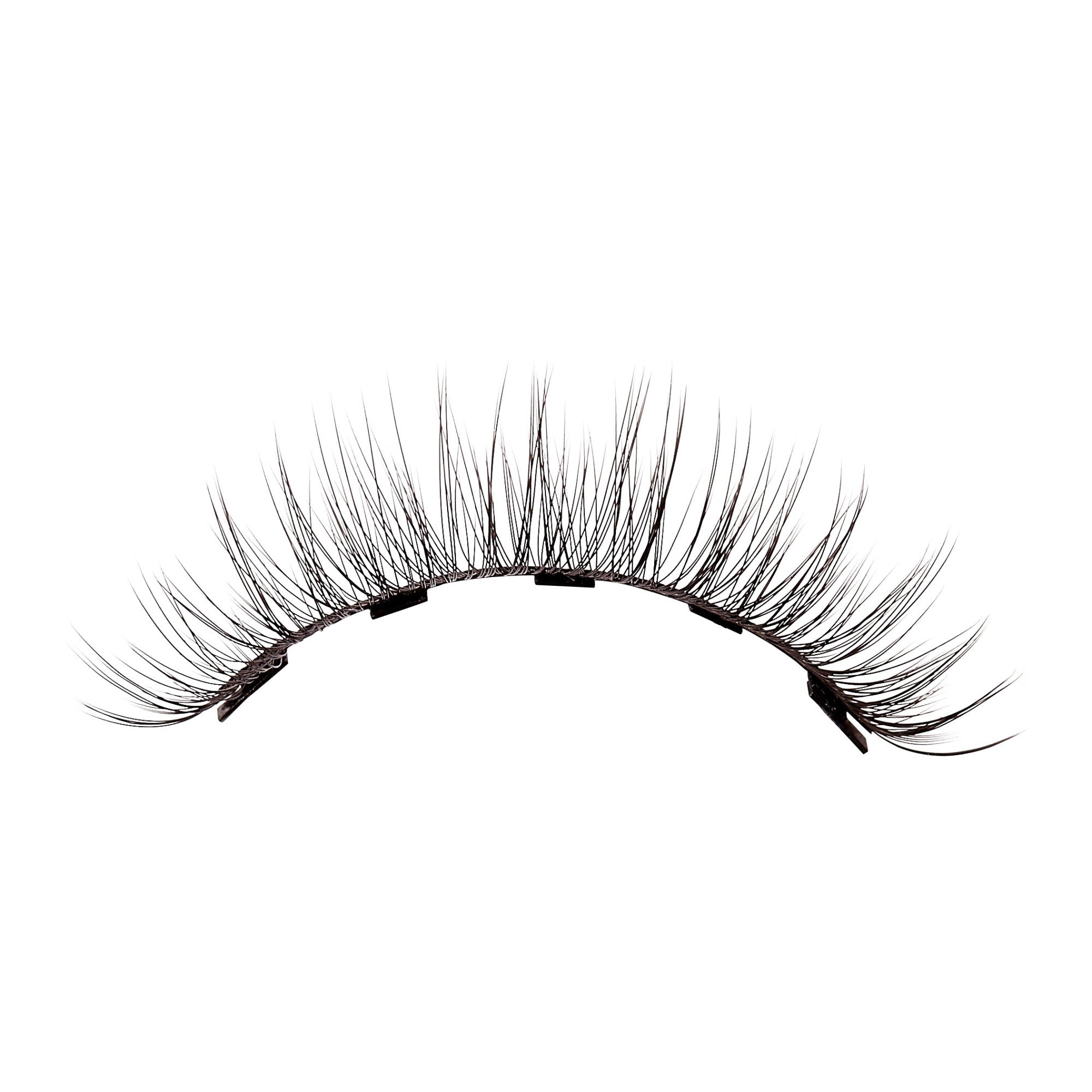 Black false eyelashes on white background, curved band style with multiple synthetic lashes.
