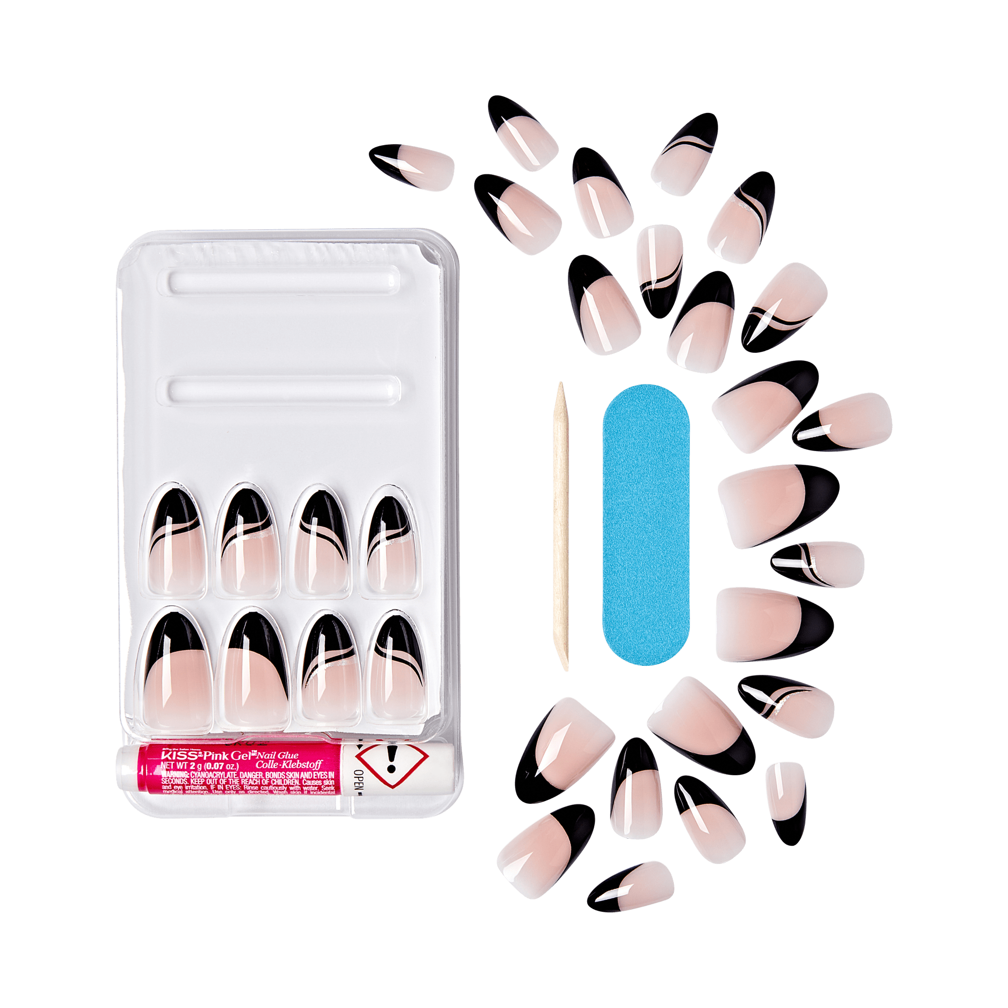 Set of KISS Voguish French press-on nails with black tips and curved white line designs, including nail glue, blue nail file, and wooden cuticle stick.