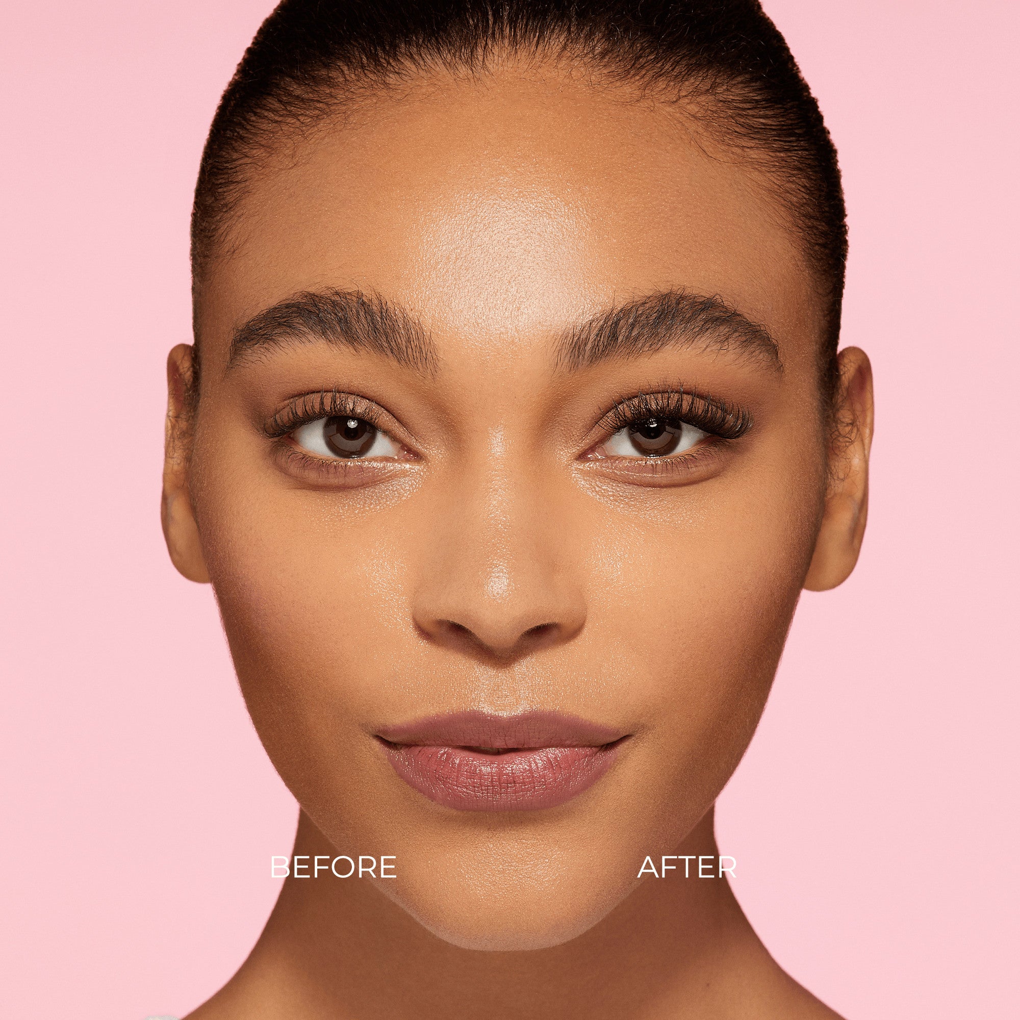 Close-up of a woman’s face against a pink background showing a before-and-after comparison of eyelashes; left eye has natural lashes, right eye has fuller, longer self-adhesive false lash clusters applied.