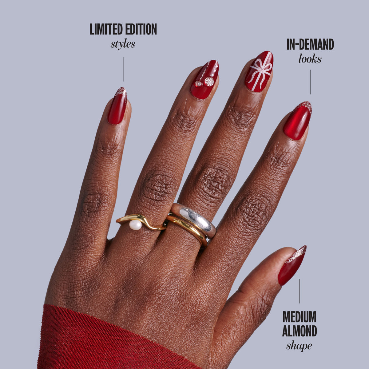 Kiss Merry Holiday Press On Fake Glue Nails - Deck The Nails | Design, Red & White, Medium, Almond