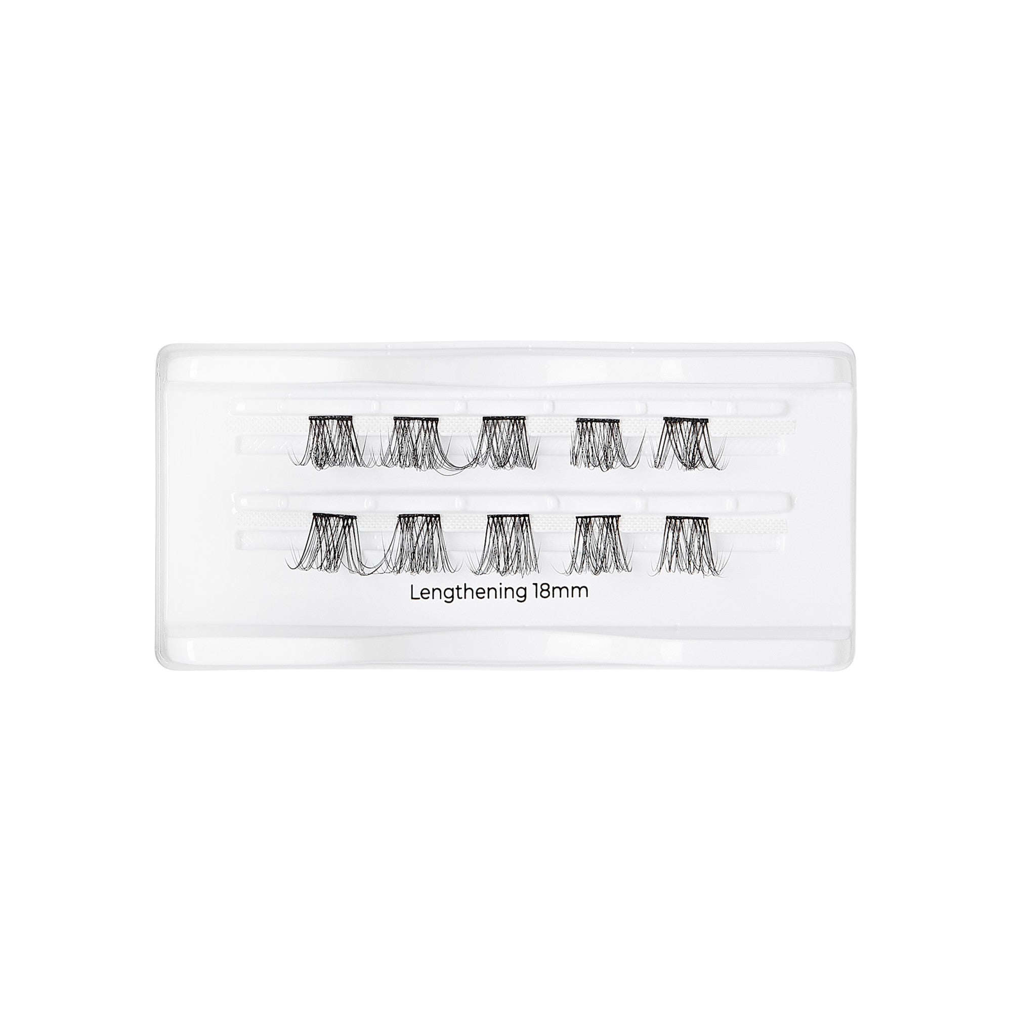 Clear plastic tray holding ten clusters of black false eyelash wisps arranged in two rows, with text \