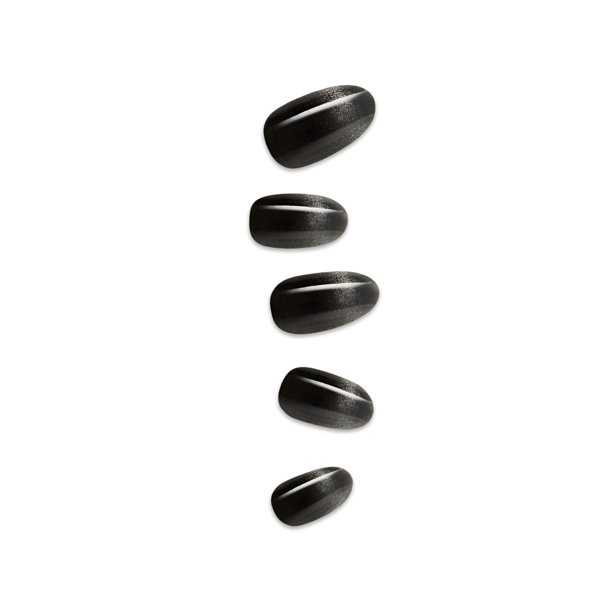 Black oval press-on nails with chrome-like finish displayed on fingertips