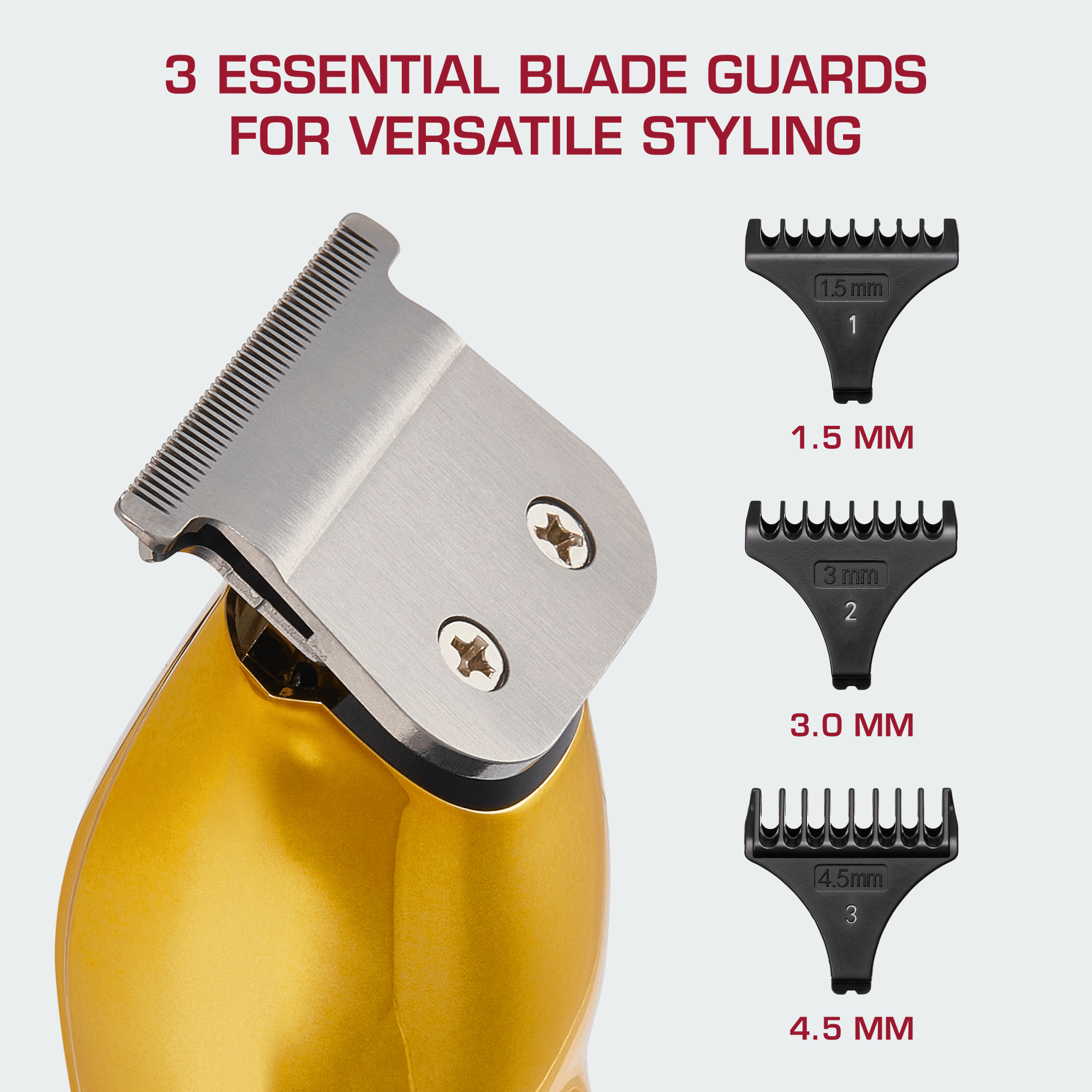 Gold cordless T-blade trimmer head with three black plastic blade guards labeled 1.5 mm, 3.0 mm, and 4.5 mm for versatile styling. Text above reads \