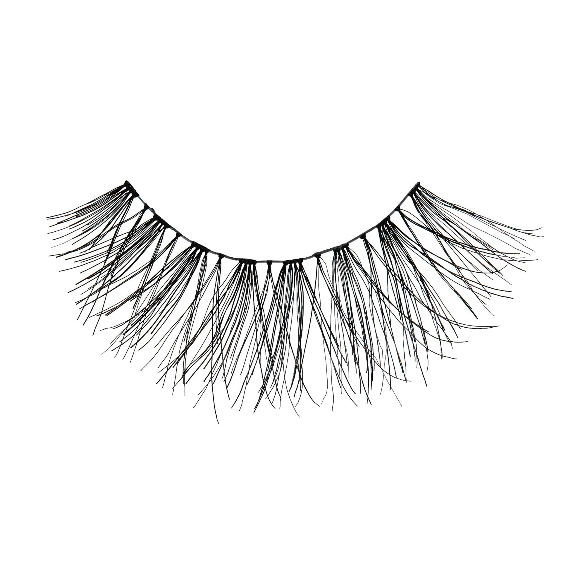 Single black false eyelash strand with a wispy, sparse design, displayed on a white background.