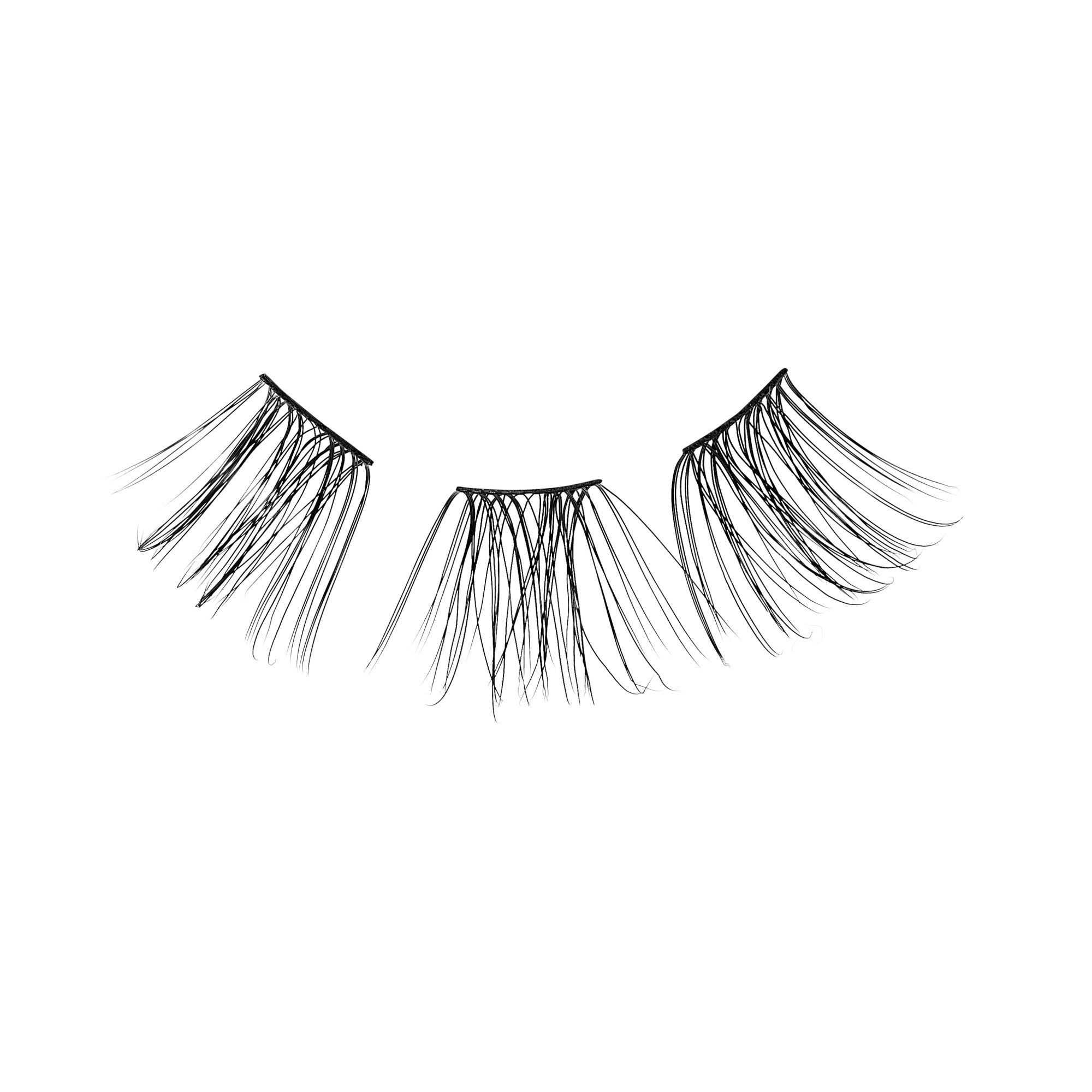Three black 16mm FALSCARA Lengthening Wisps false eyelash sections displayed on a white background, designed for natural, extended lash volume.