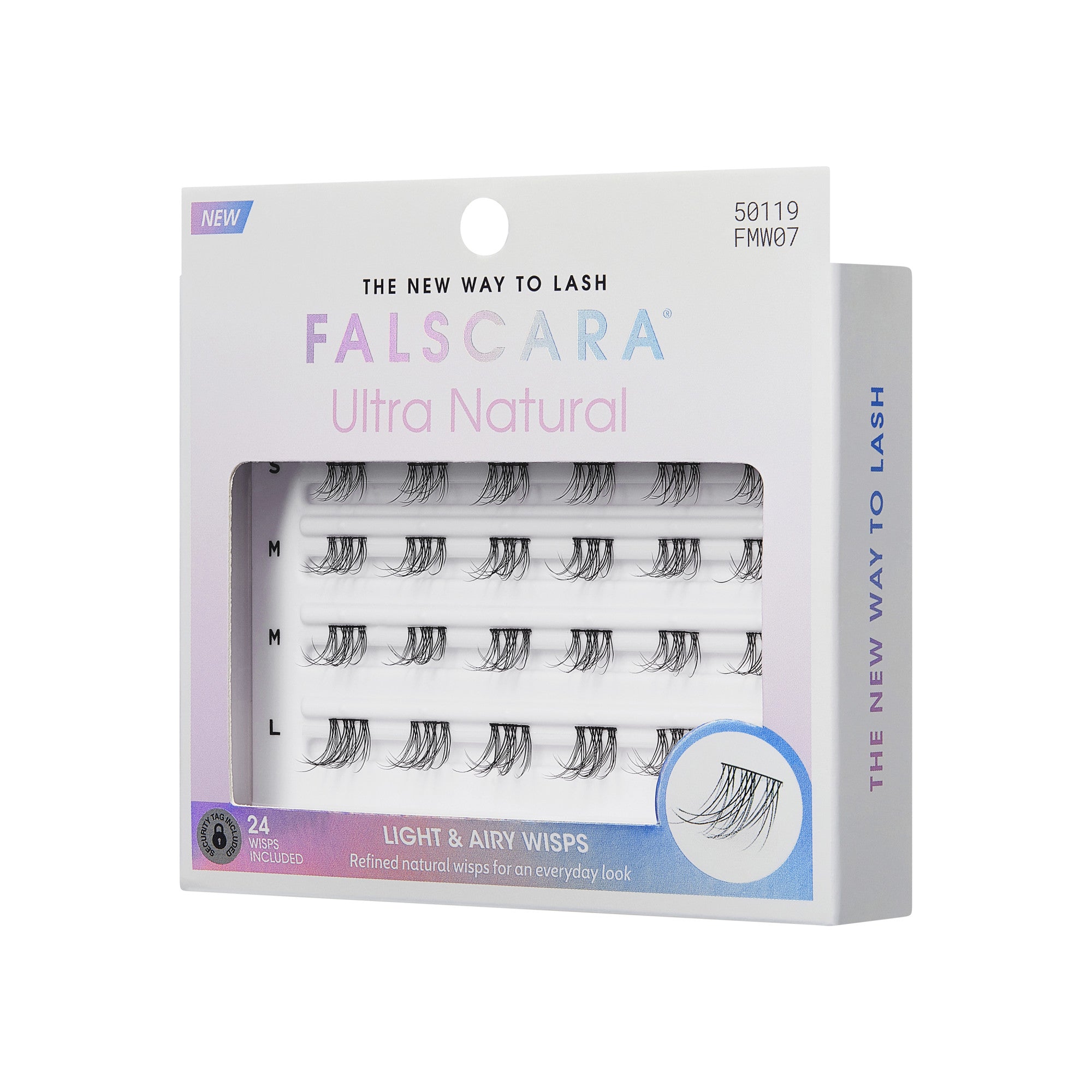FALSCARA Ultra Natural eyelash multipack with 24 light and airy wisps in small, medium, and large sizes, designed for a refined, everyday look.