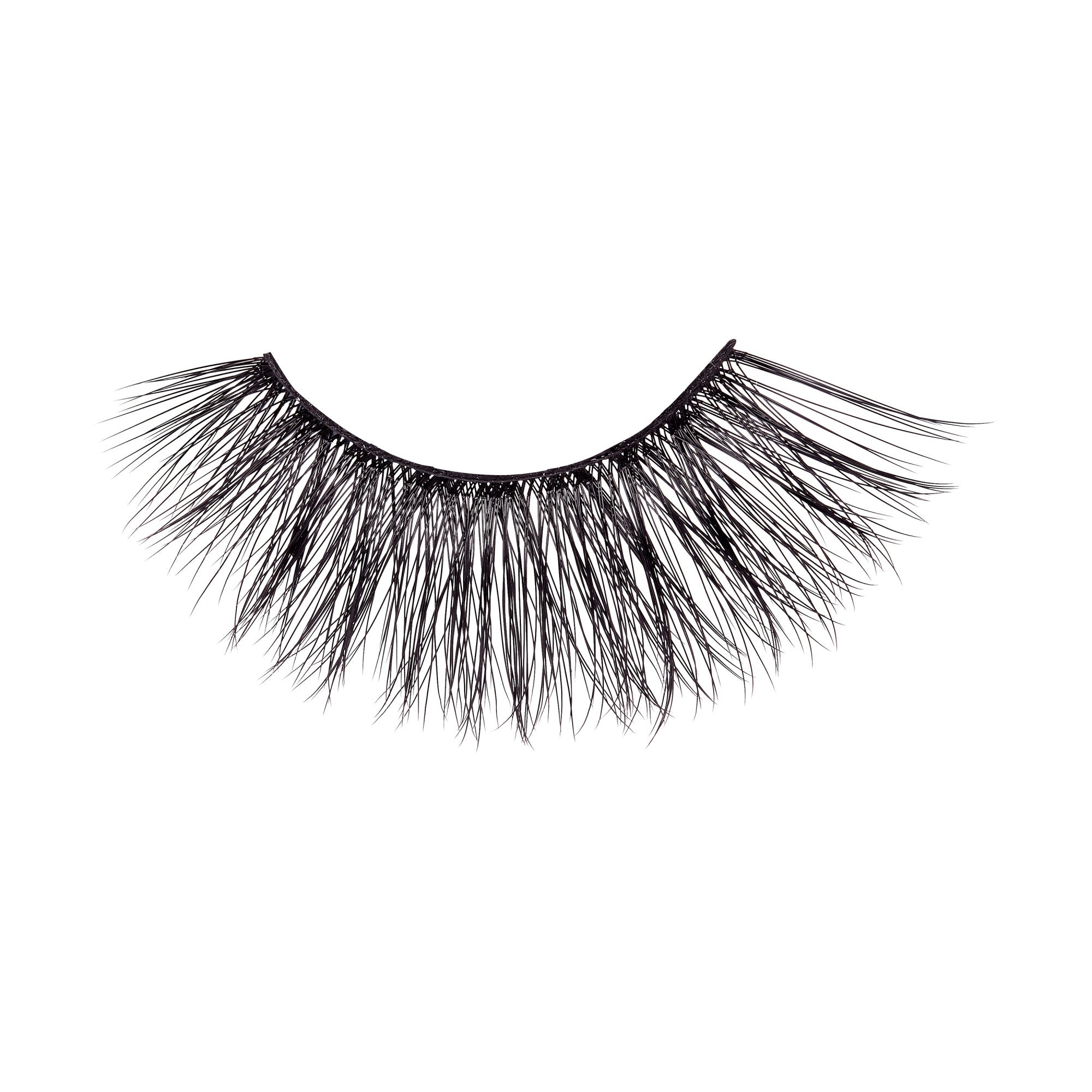 Black KISS Lash Couture LuXtension false eyelash strip with long, wispy fibers arranged in a fan shape for a dramatic look, shown on white background.