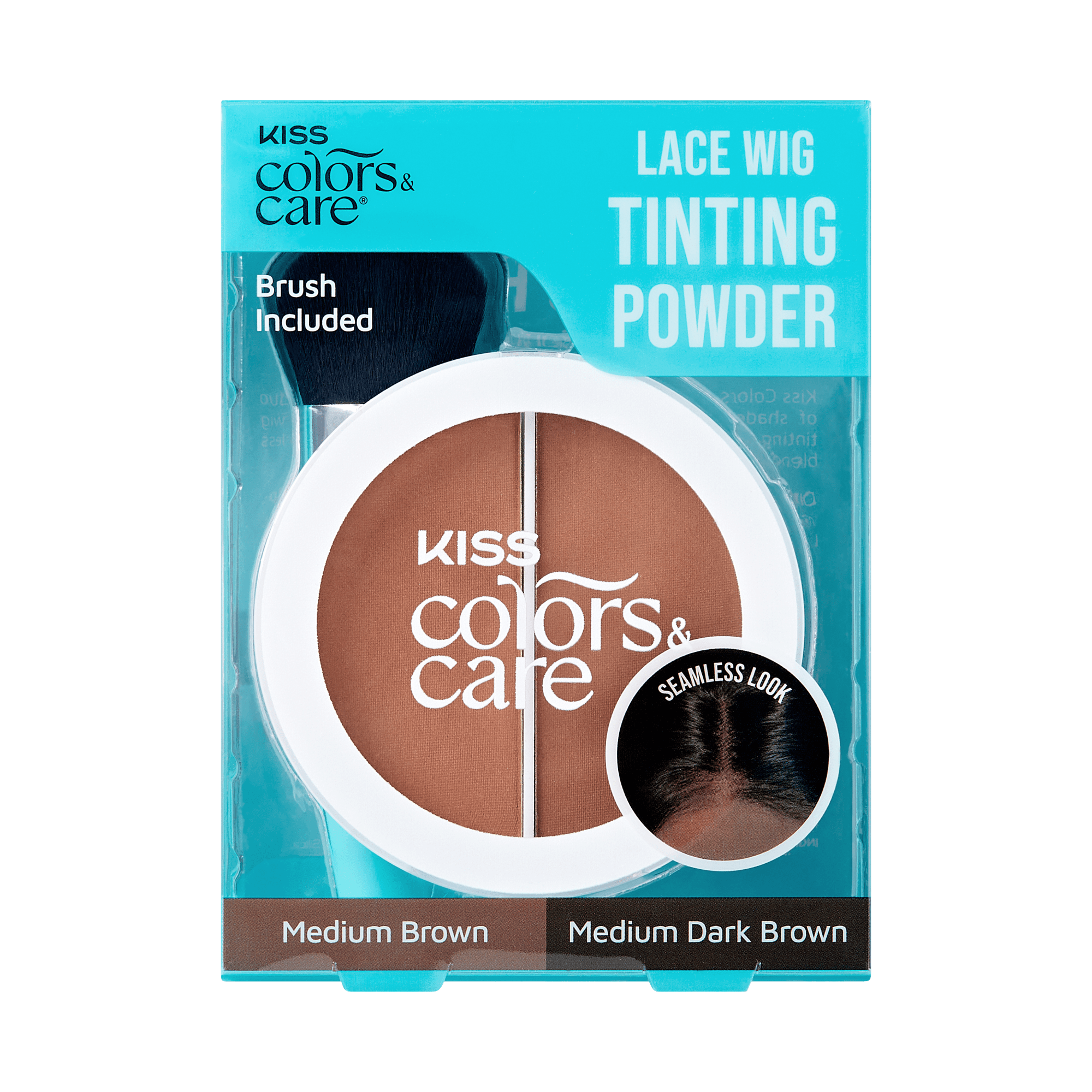 Kiss Colors & Care lace wig tinting powder packaging with two brown shades.