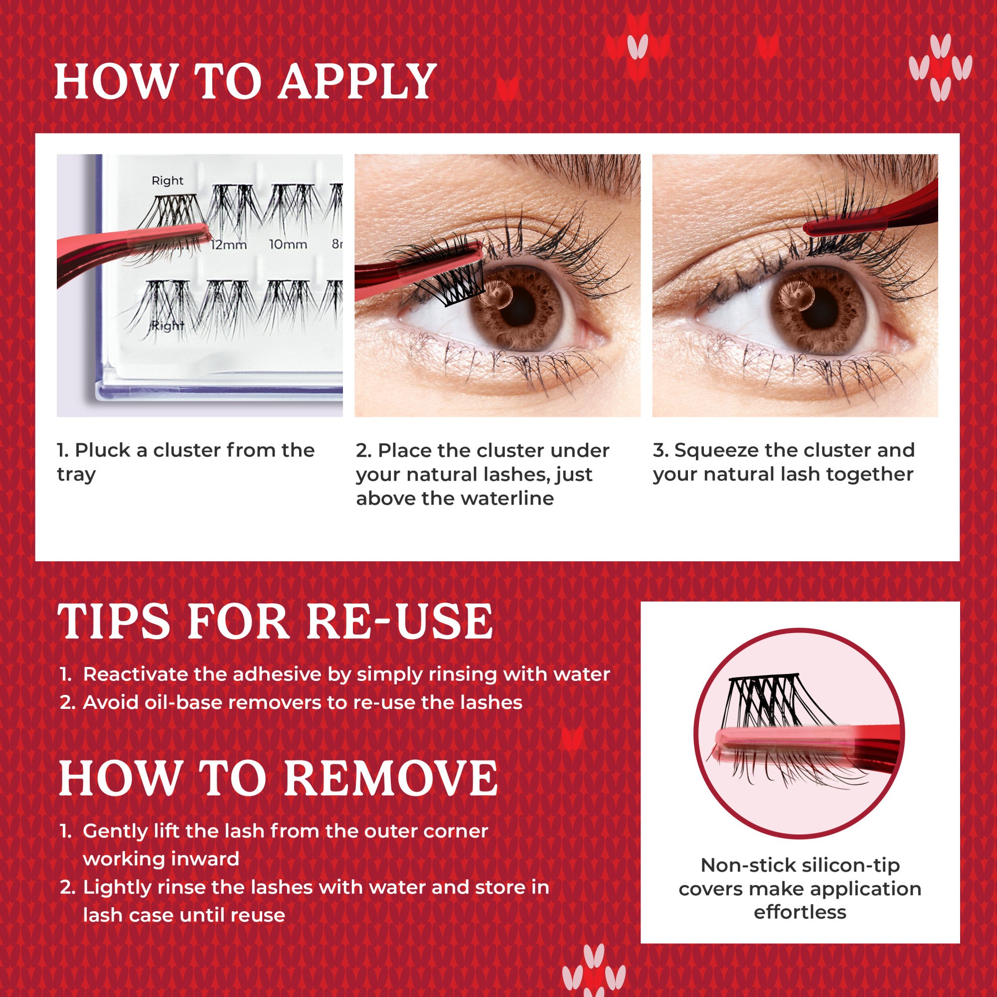 Cluster lash application guide: pluck, place above waterline, squeeze together. Reuse and removal tips included.