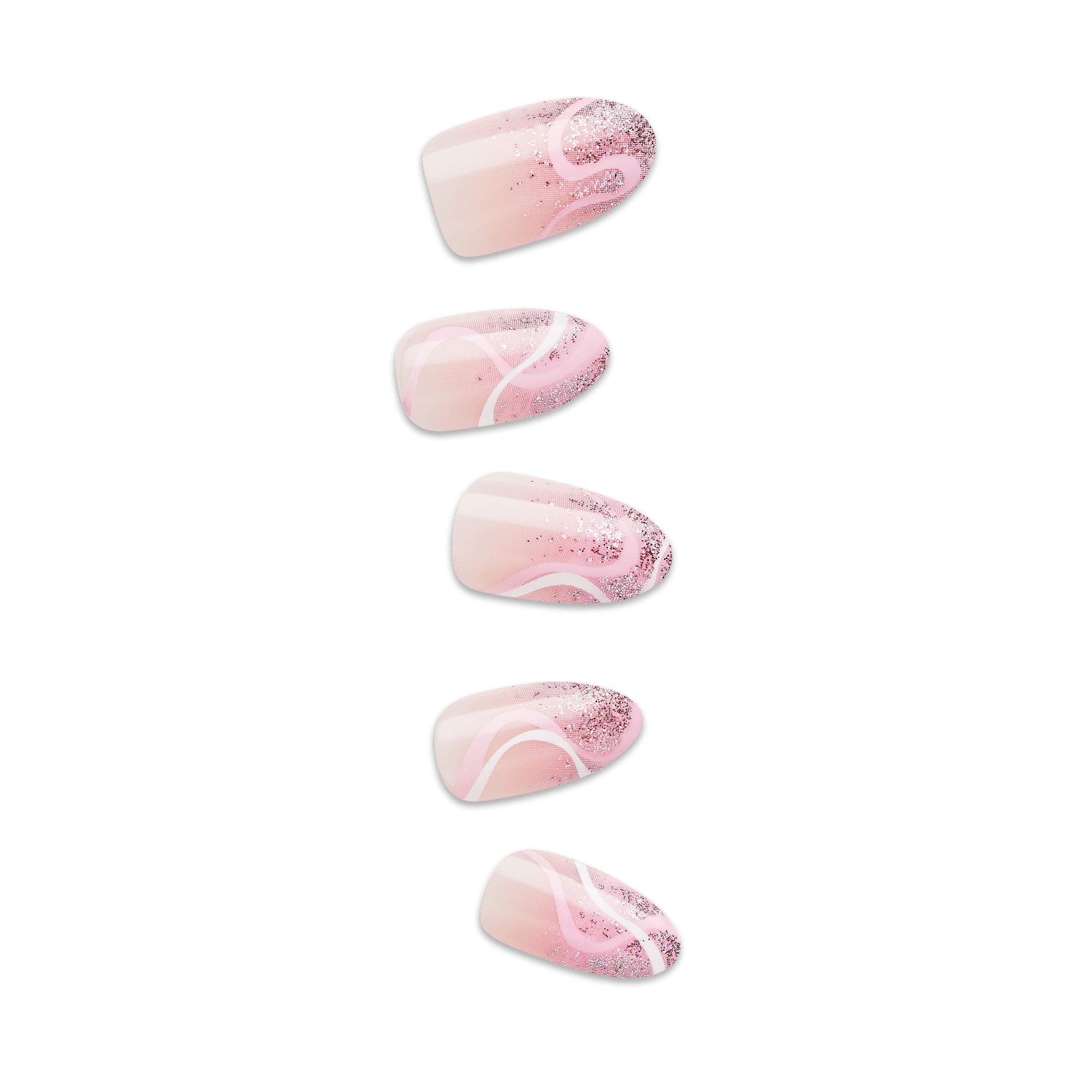 Set of five press-on nails in soft pink shades with abstract white swirls and silver glitter accents at the tips, shown on a transparent background.