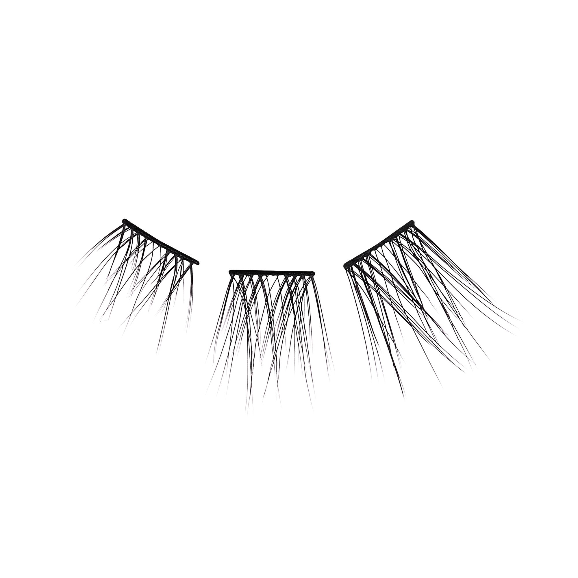 Three sets of black, lengthening wisps eyelash extensions displayed on white background, thin and clustered with varying lengths.