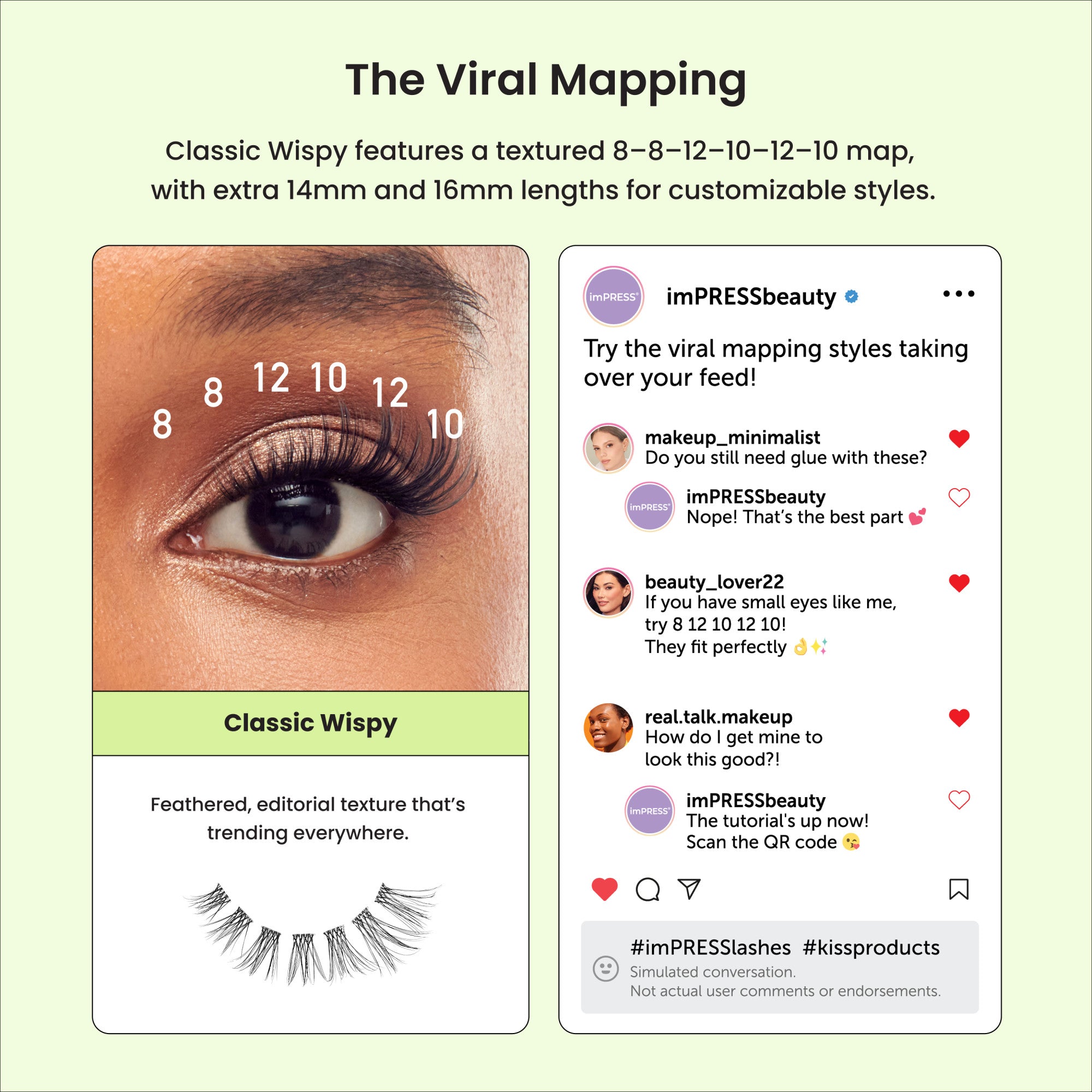 Classic Wispy lash mapping chart showing 8-8-12-10-12-10mm lengths with Instagram post mockup.