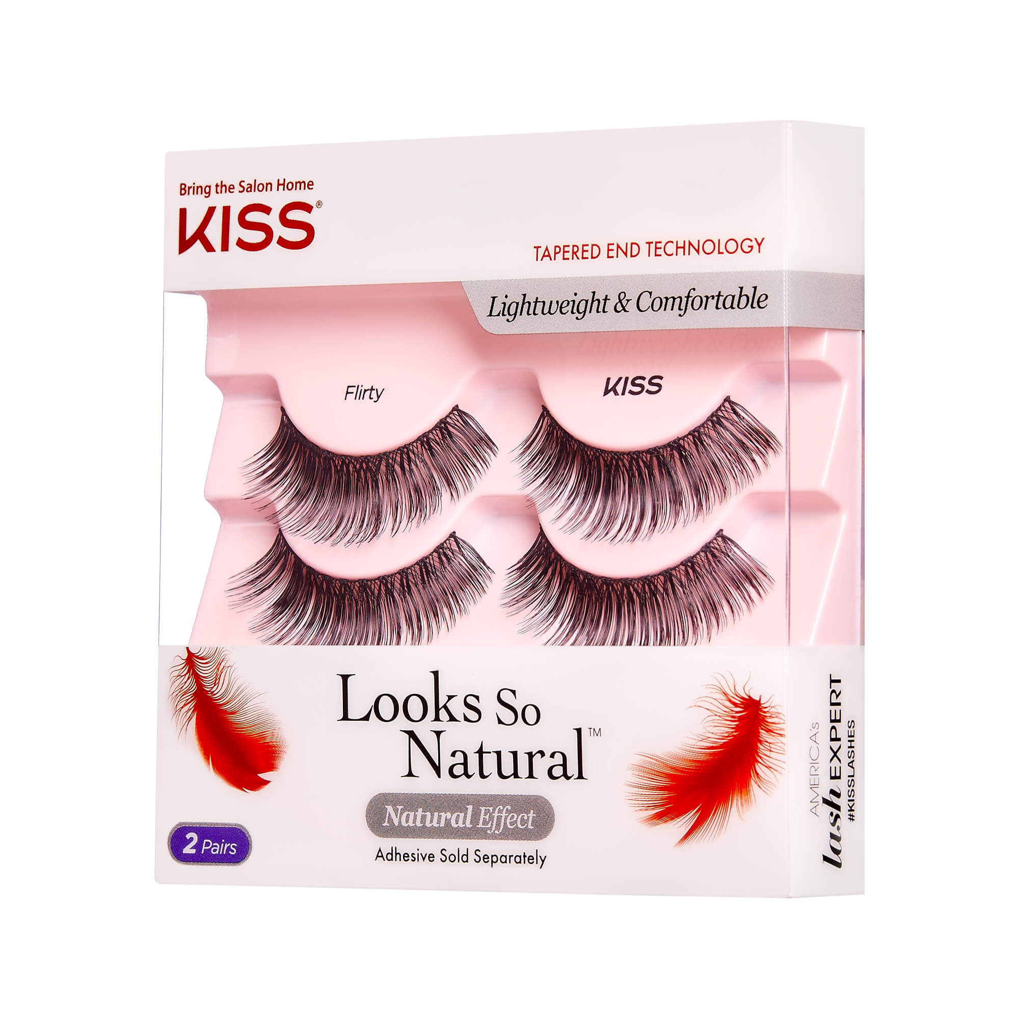 KISS Looks So Natural Flirty false eyelashes double pack with tapered end technology, lightweight comfort, and natural effect, 2 pairs shown in pink packaging.