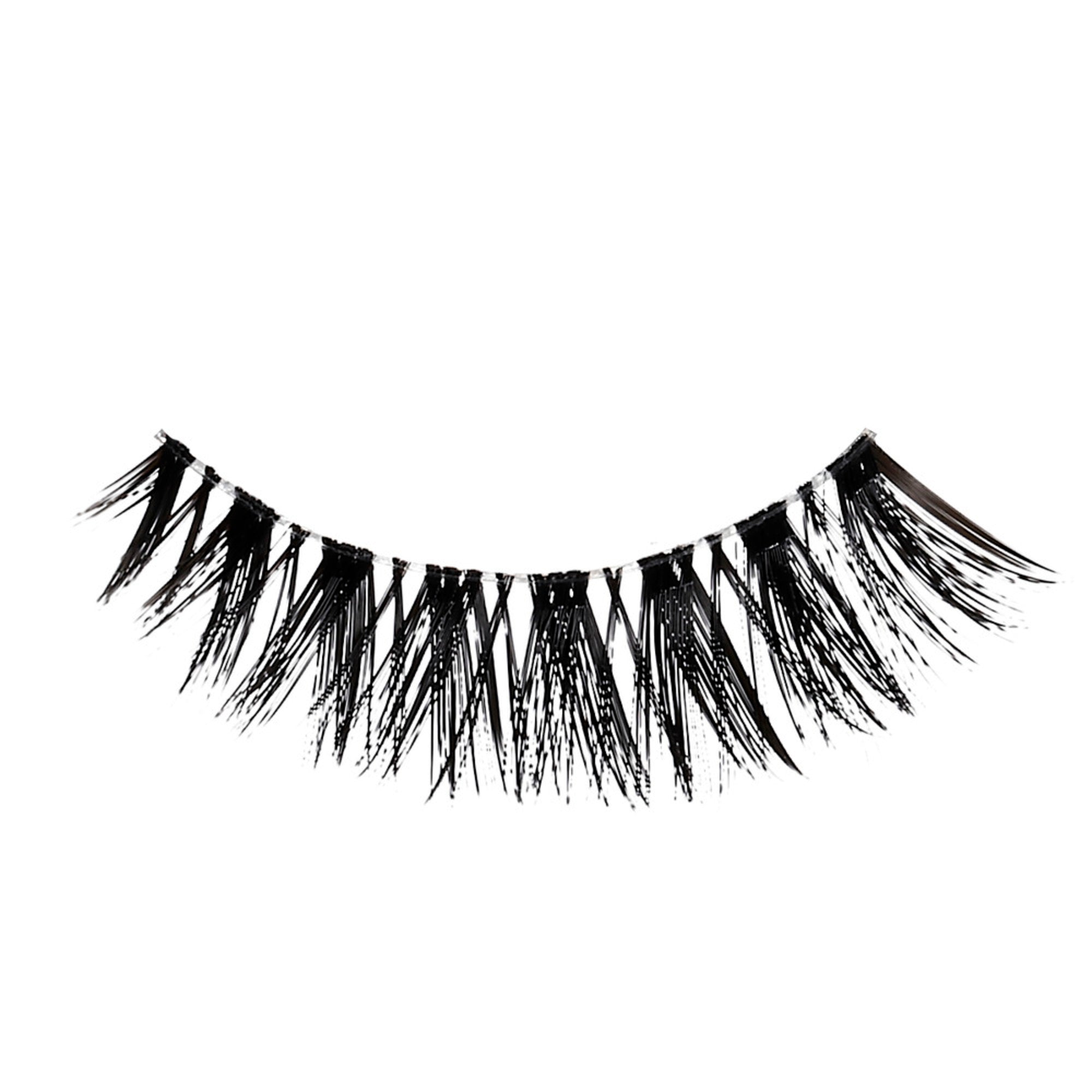 Single black faux mink eyelash with a crisscross pattern, featuring long, wispy clusters for a voluminous, fluttery effect.
