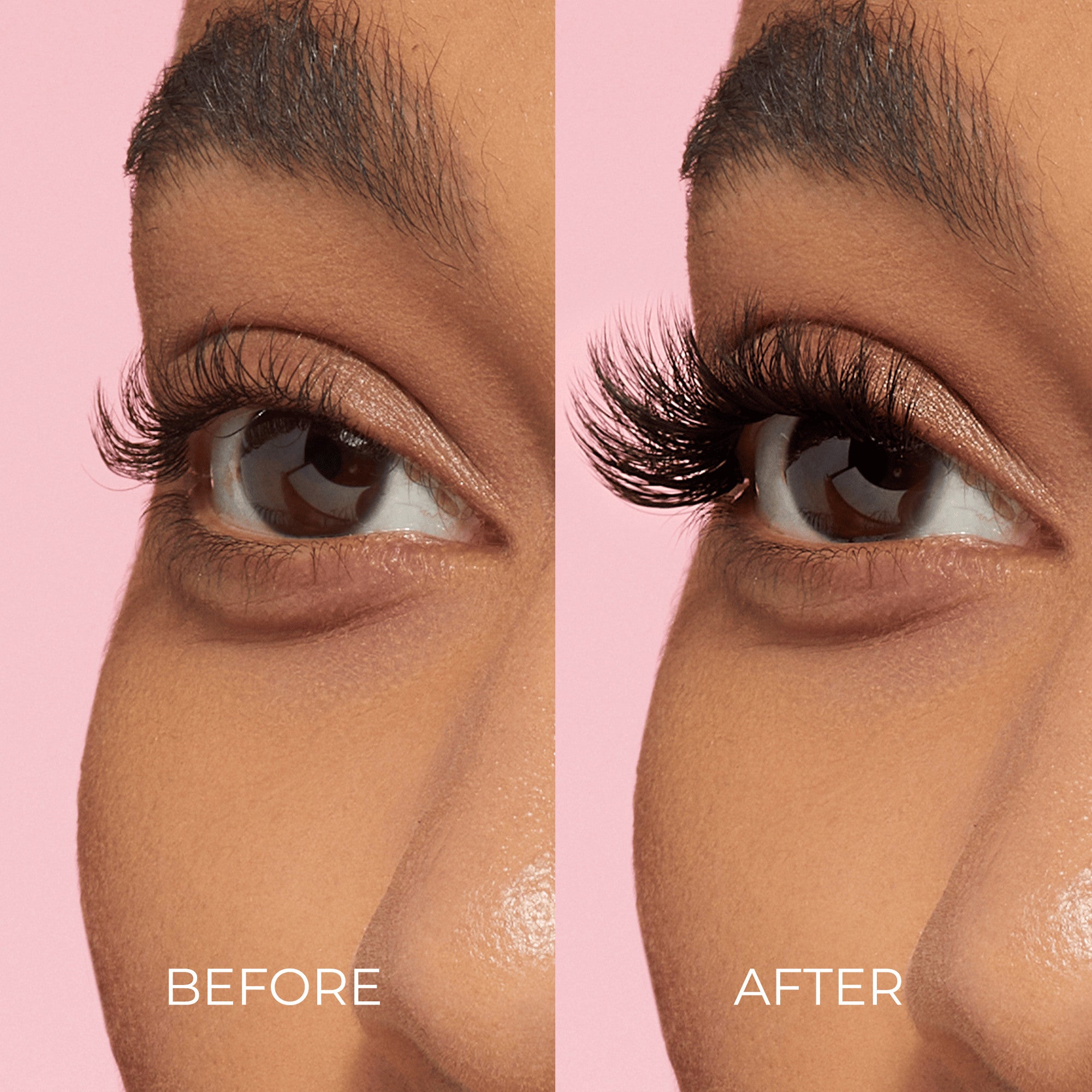 Close-up side-by-side of a brown eye on pink background showing natural eyelashes on left labeled \