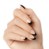 A hand modeling short, coffin shaped nails in black colored french nail design. Nails are &
