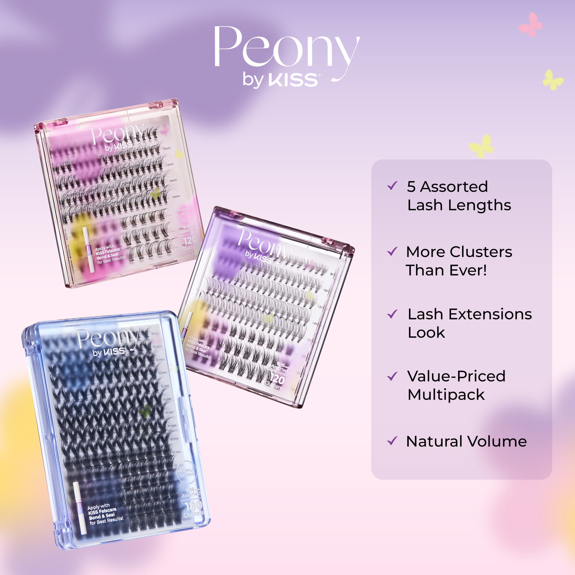 KISS Peony False Eyelashes, Lash Extension Kit, 180 Lash Clusters - Moonlit Bloom
