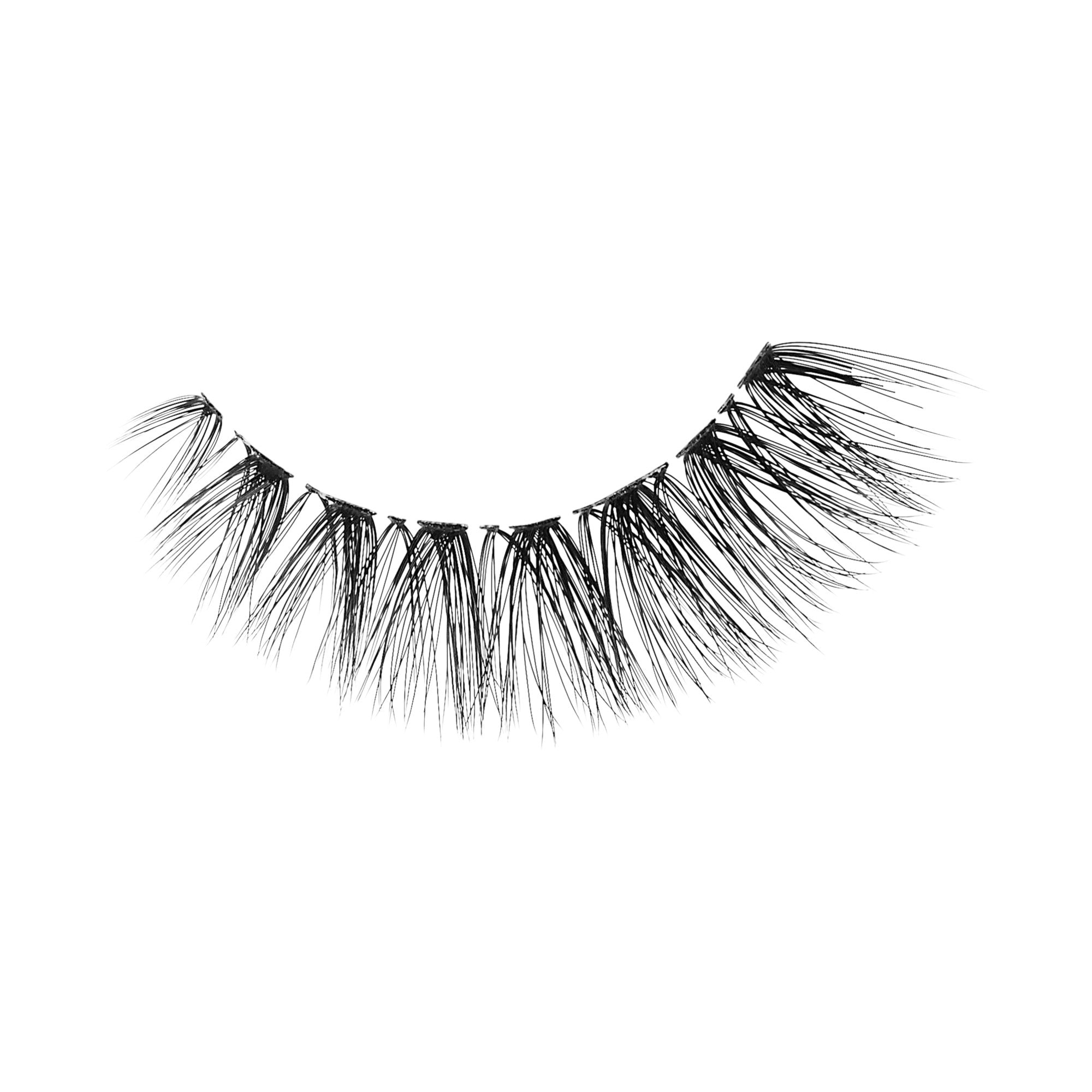 Single black false eyelash with spaced, wispy, natural-looking clusters, designed to enhance lashes with a subtle, fluttery effect.