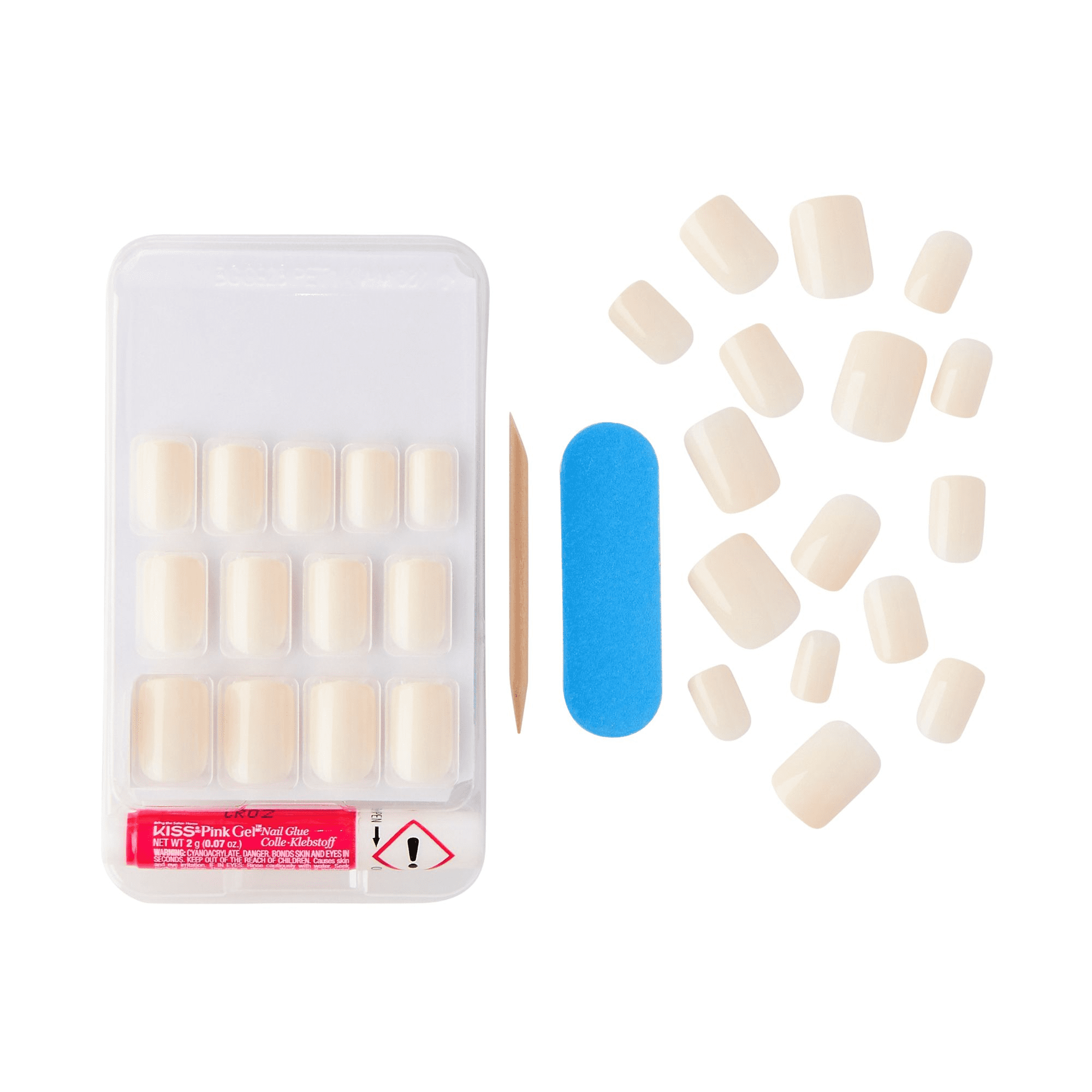 Set of nude press-on gel nails arranged next to a nail file, wooden cuticle stick, and pink gel nail glue in a clear plastic tray.