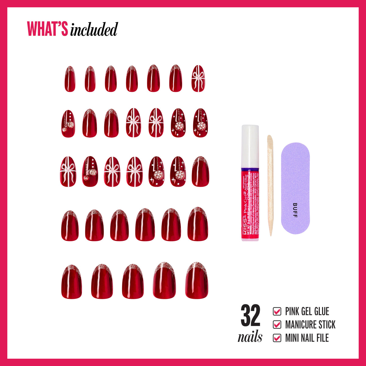 Kiss Merry Holiday Press On Fake Glue Nails - Deck The Nails | Design, Red & White, Medium, Almond