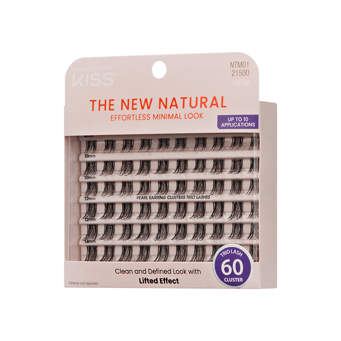The image features a packaging of false eyelashes from the brand KISS, specifically labeled "The New Natural." The product is designed for an effortless minimal look and offers up to 10 applications. The packaging showcases several rows of eyelash clusters, with varying lengths indicated (10mm). It highlights a "Clean and Defined Look with Lifted Effect" and includes a total of 60 clusters. The overall design is sleek and modern, emphasizing the product&
