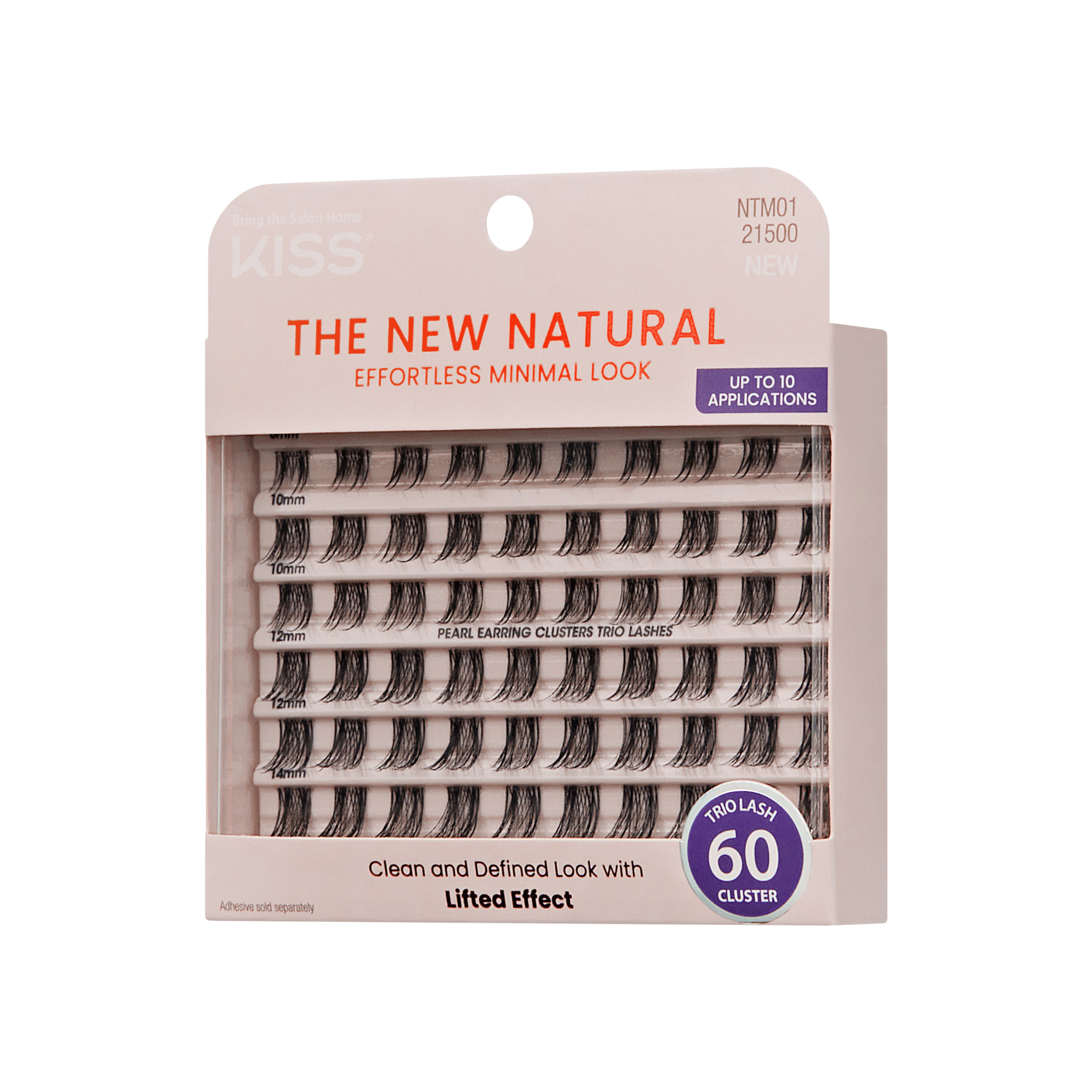 The image features a packaging of false eyelashes from the brand KISS, specifically labeled "The New Natural." The product is designed for an effortless minimal look and offers up to 10 applications. The packaging showcases several rows of eyelash clusters, with varying lengths indicated (10mm). It highlights a "Clean and Defined Look with Lifted Effect" and includes a total of 60 clusters. The overall design is sleek and modern, emphasizing the product&