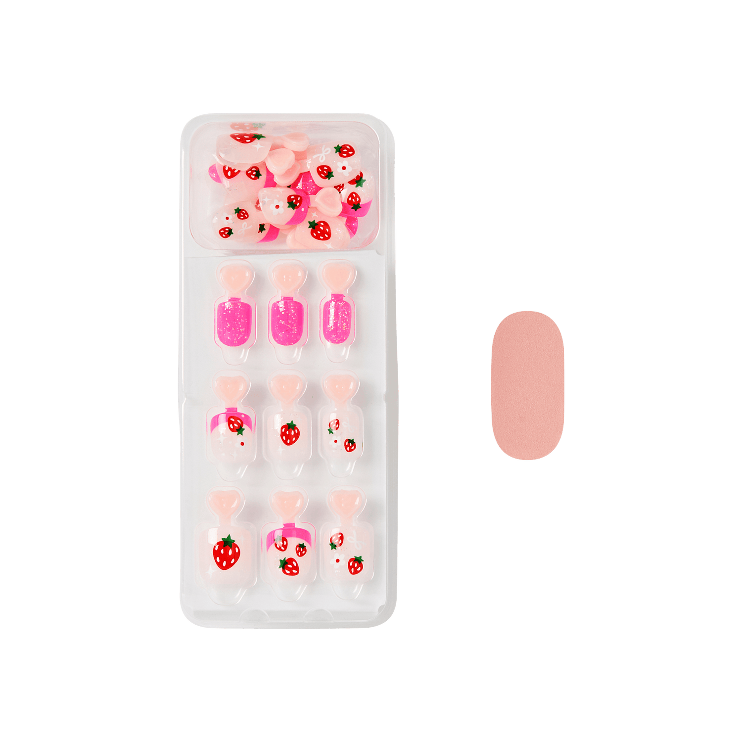 Strawberry-themed press-on nails set with pink glitter and nail art designs