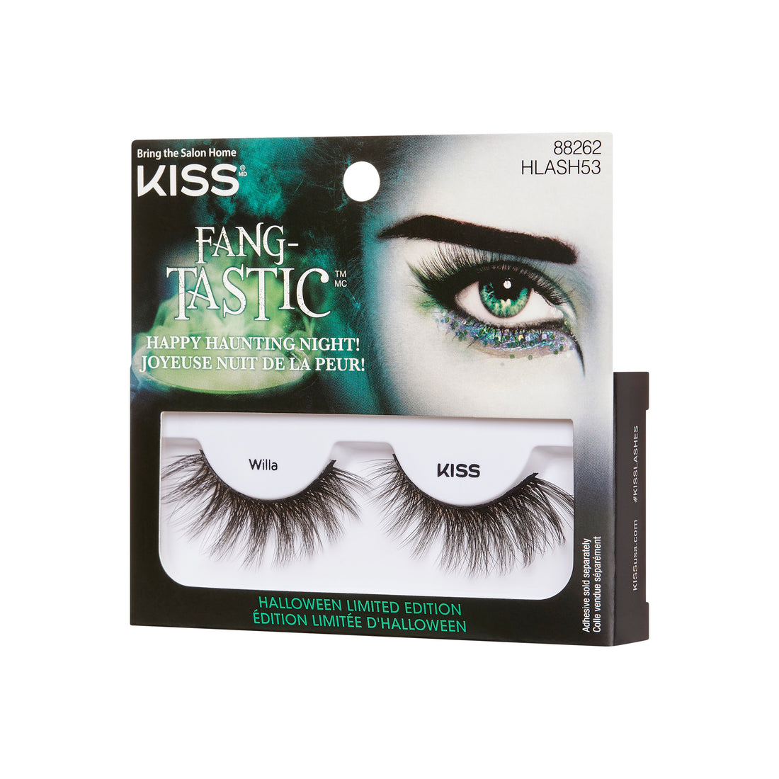 KISS Fang-Tastic Halloween false lashes "Willa" style, black dramatic lashes in retail packaging.