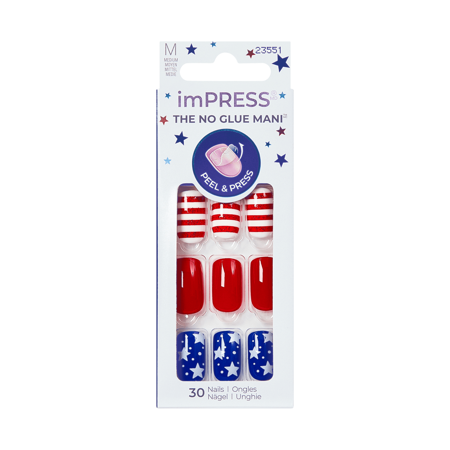 Packaging of imPRESS nail art with American flag design on a transparent background
