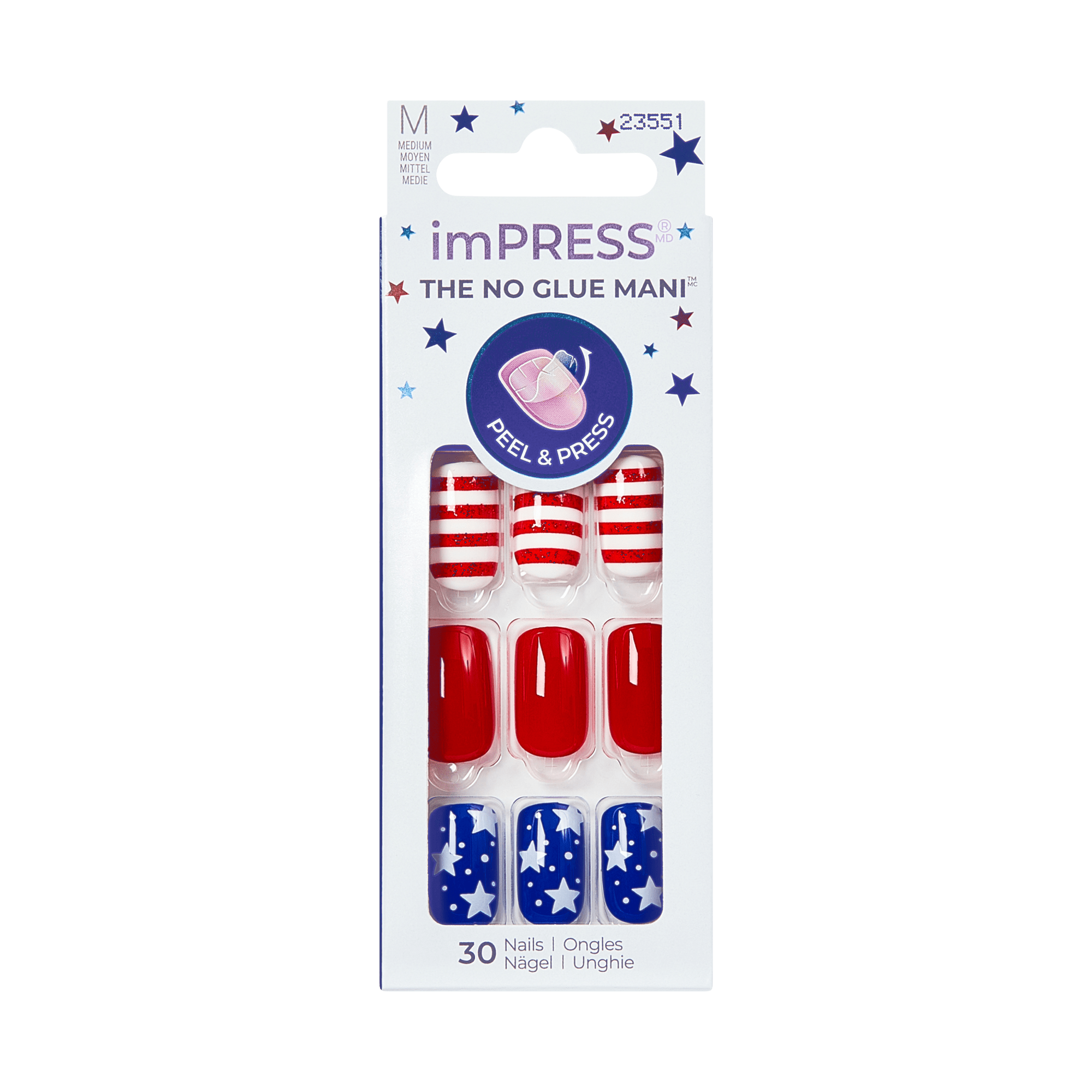 Packaging of imPRESS nail art with American flag design on a transparent background