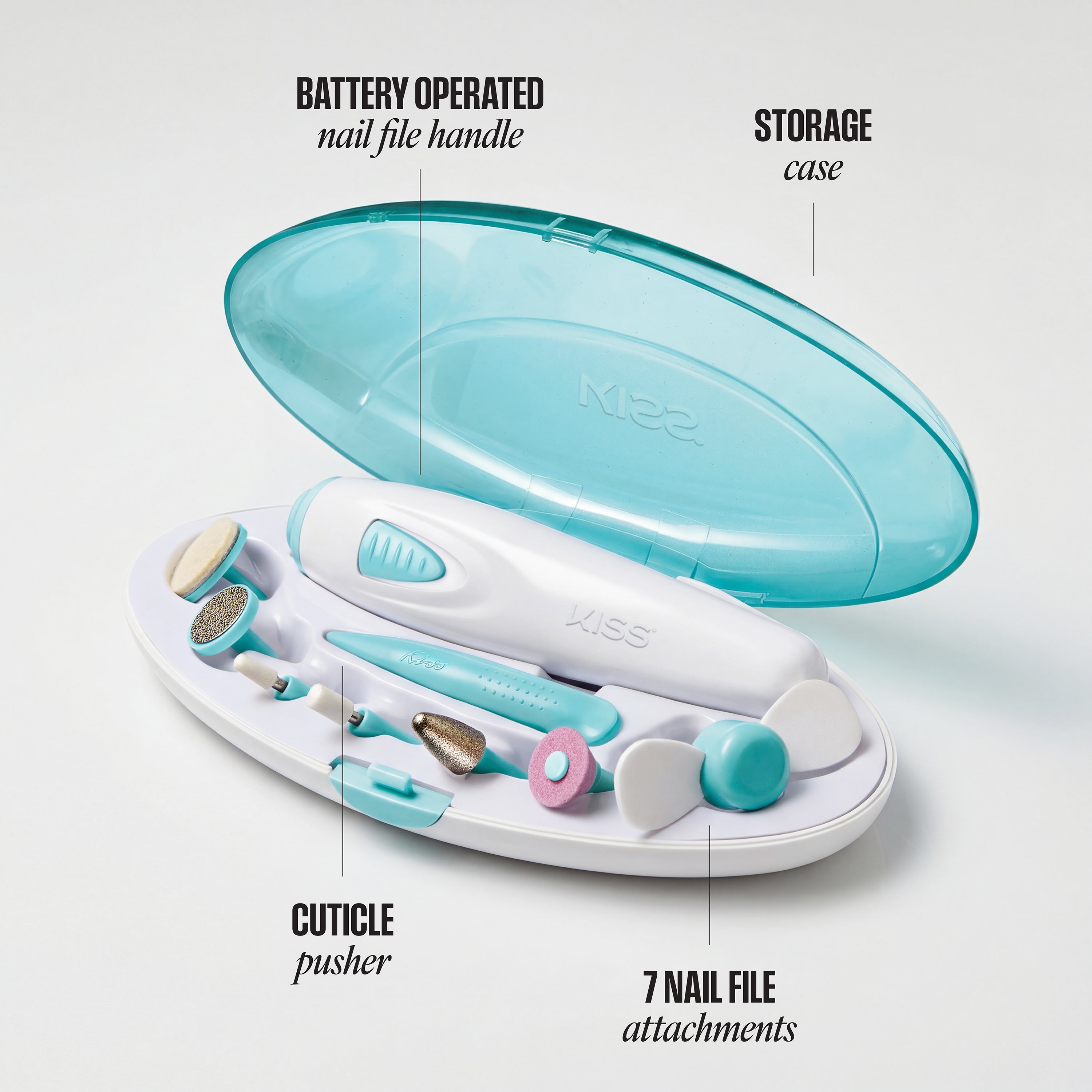 Battery operated nail care kit with components labeled on a white background