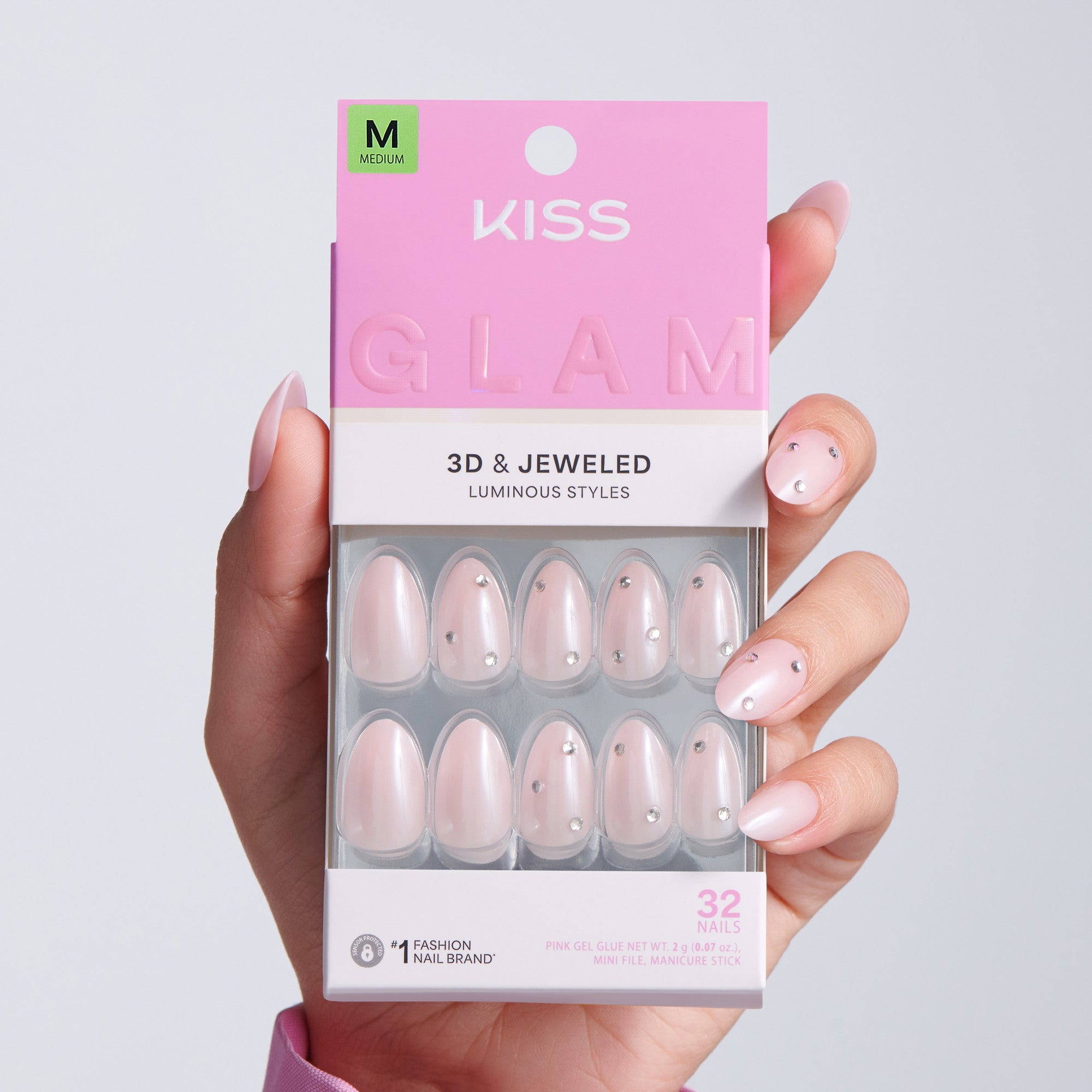 Kiss Glam Jeweled Press On Fake Glue Nails - Candy Dust | 3D &amp; Jeweled, Pink, Medium, Almond