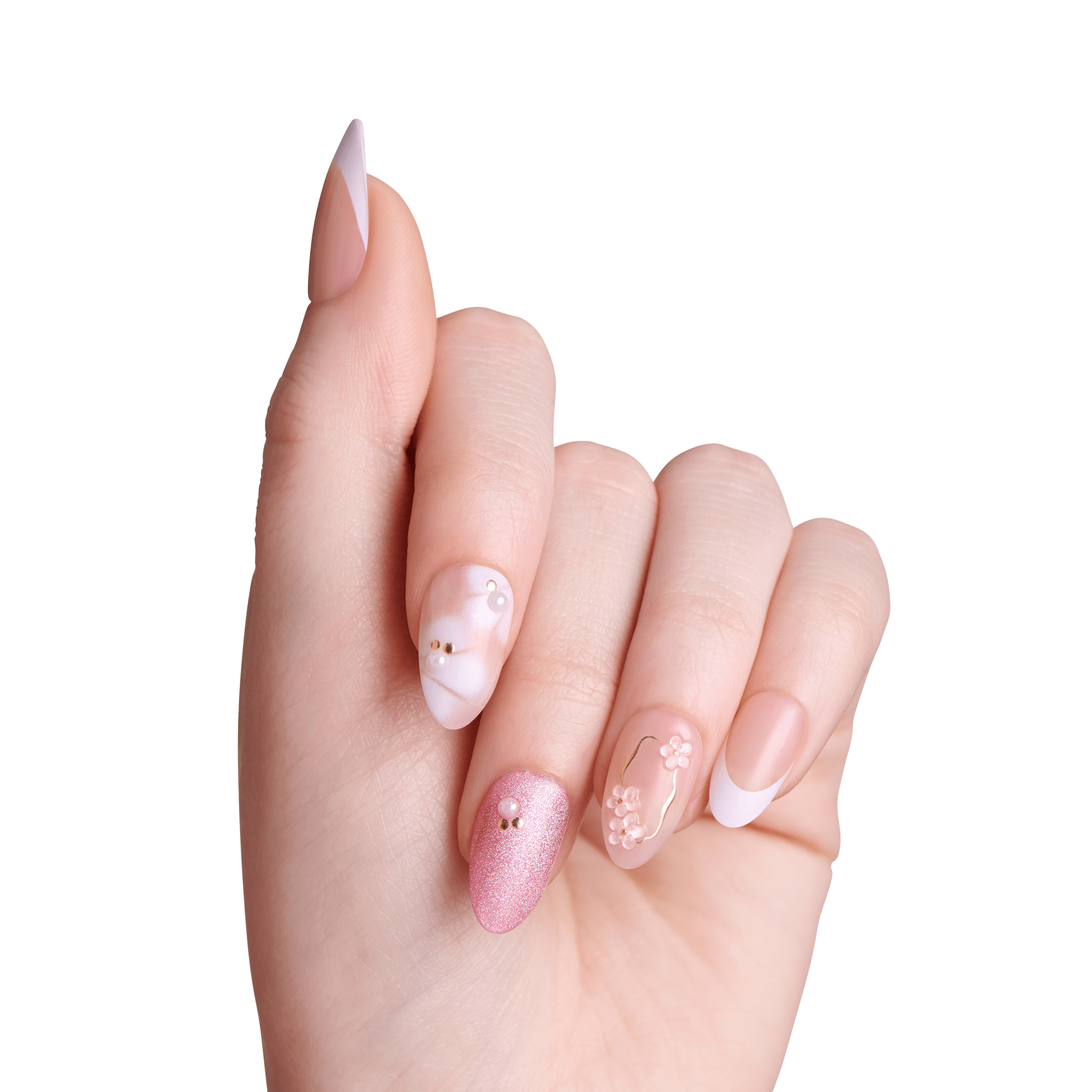 Hand with decorative nail art on a green background