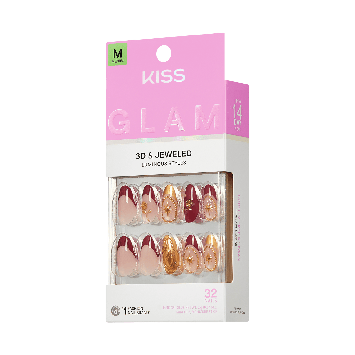 Kiss Glam 3D &amp; Jeweled Press On Fake Glue Nails - Weekend | 3D &amp; Jewel Design, Red, Medium, Almond