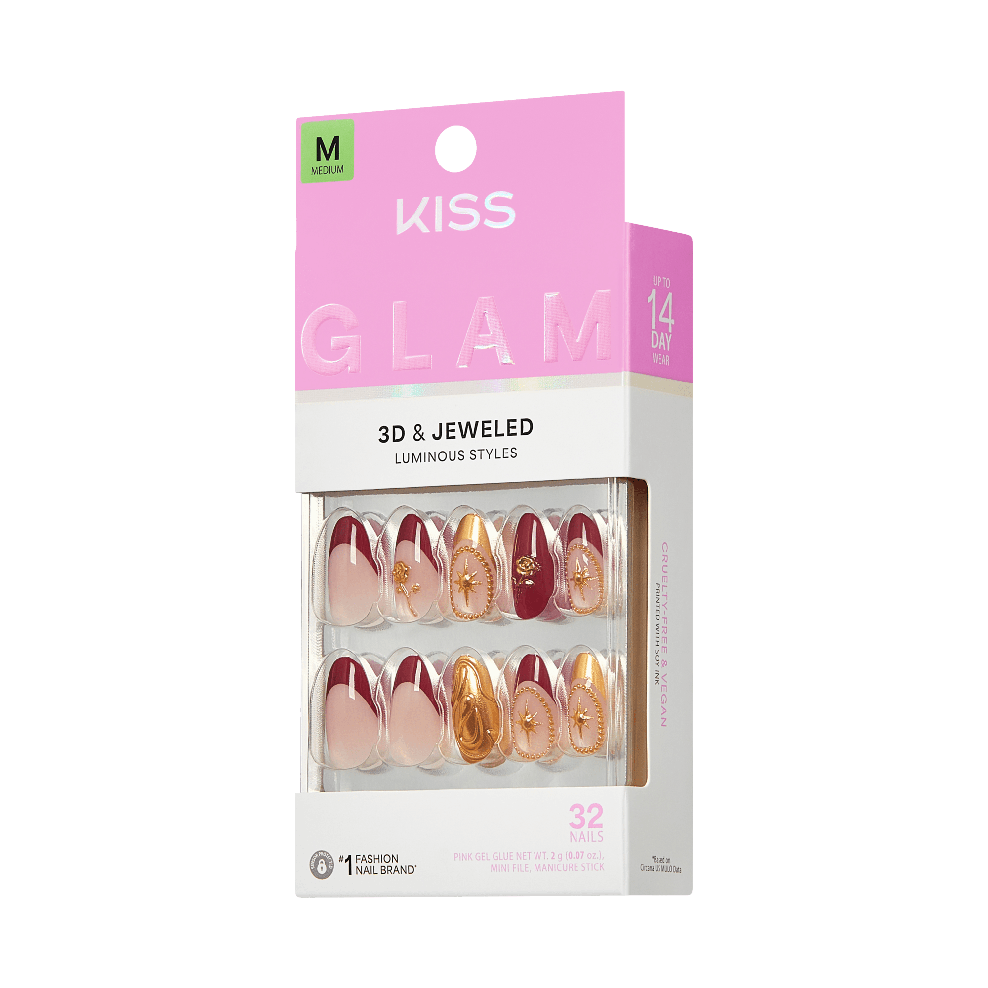 Kiss Glam 3D &amp; Jeweled Press On Fake Glue Nails - Weekend | 3D &amp; Jewel Design, Red, Medium, Almond