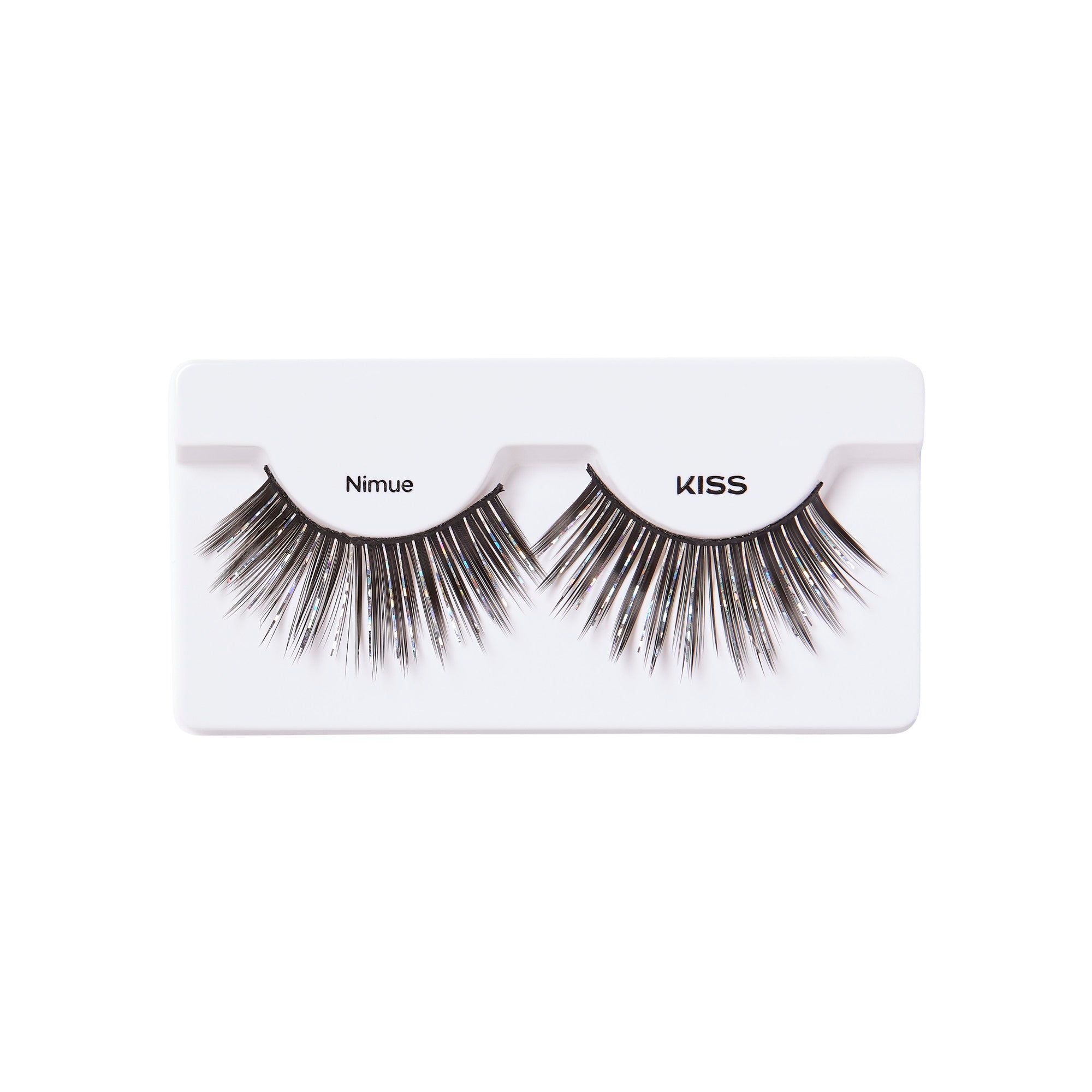 Nimue and Kiss false eyelashes in black on white packaging