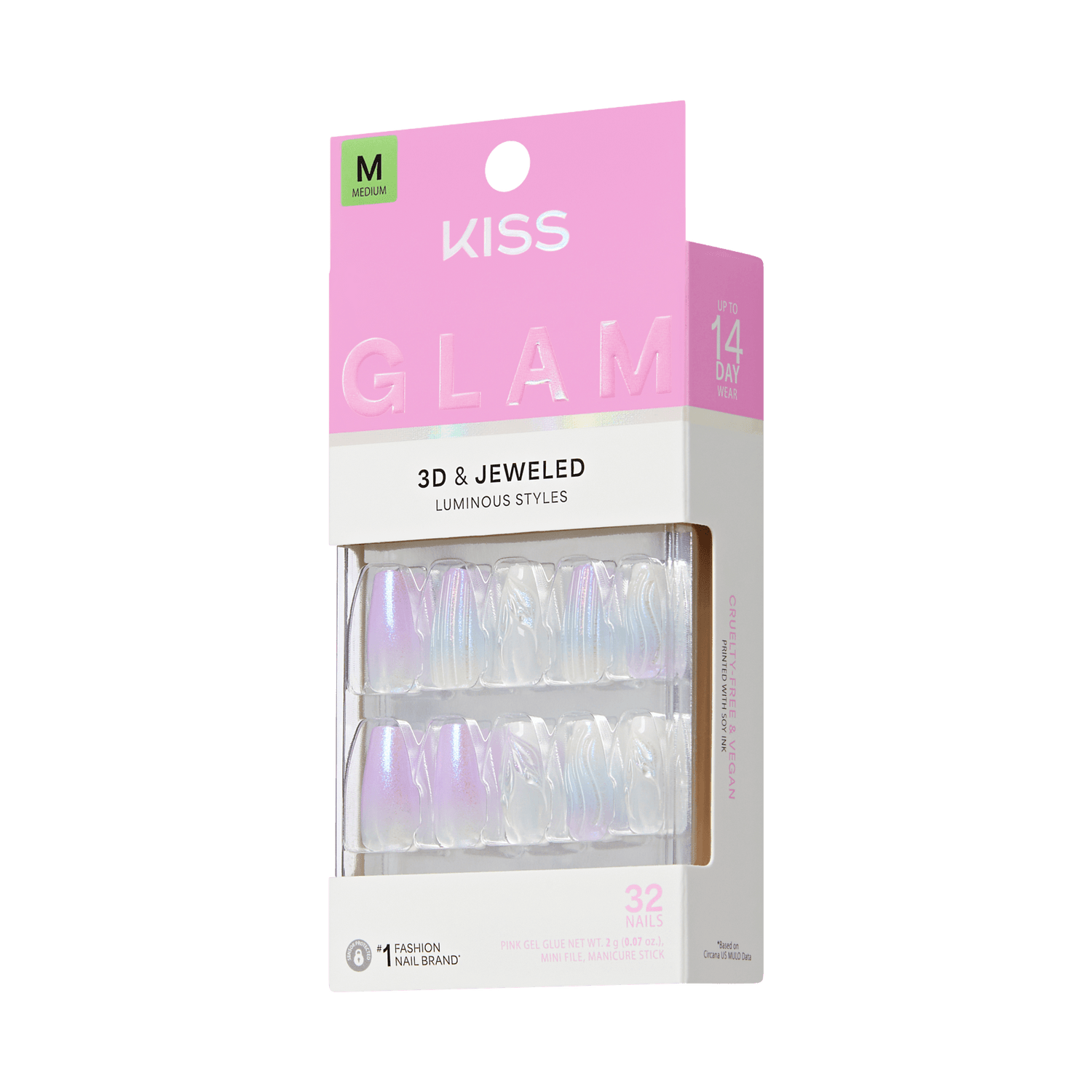 Kiss Glam 3D &amp; Jeweled nail art packaging on a green background