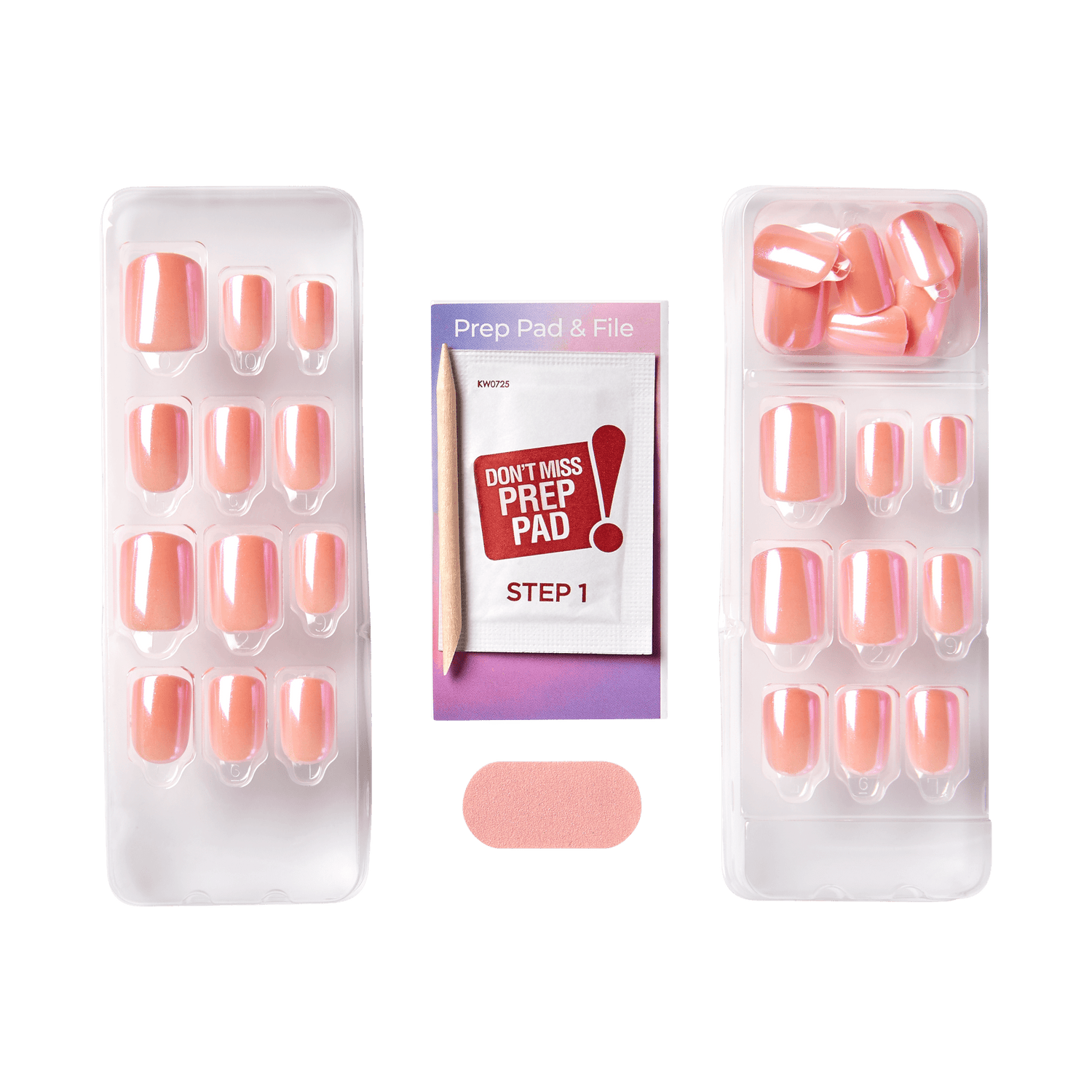 The image shows a set of artificial nails and related accessories. There are two plastic trays, each containing a set of pink and white gradient artificial nails in various sizes. In the center, there is a packet labeled "Prep Pad &amp; File" with the instruction "Don&