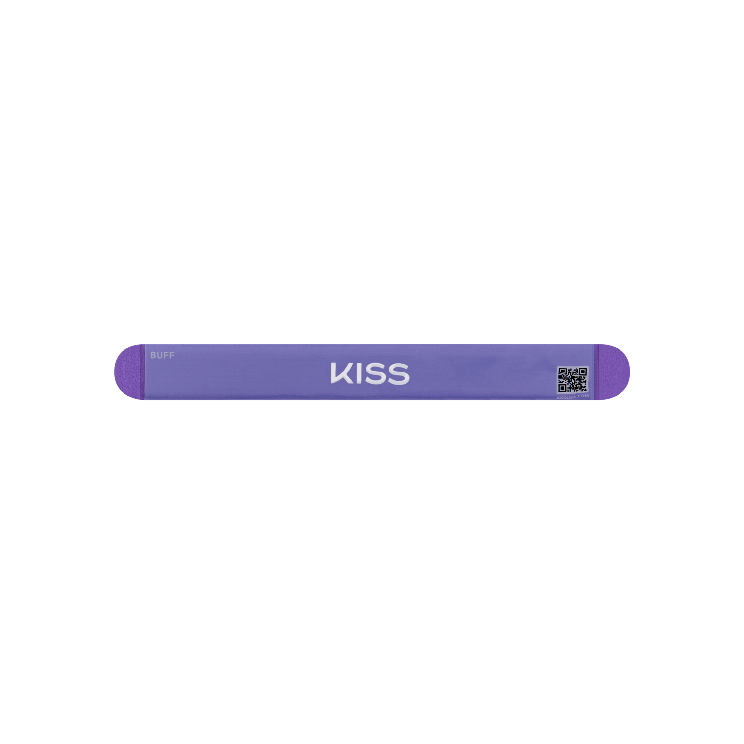 Purple KISS nail file with "BUFF" label and QR code