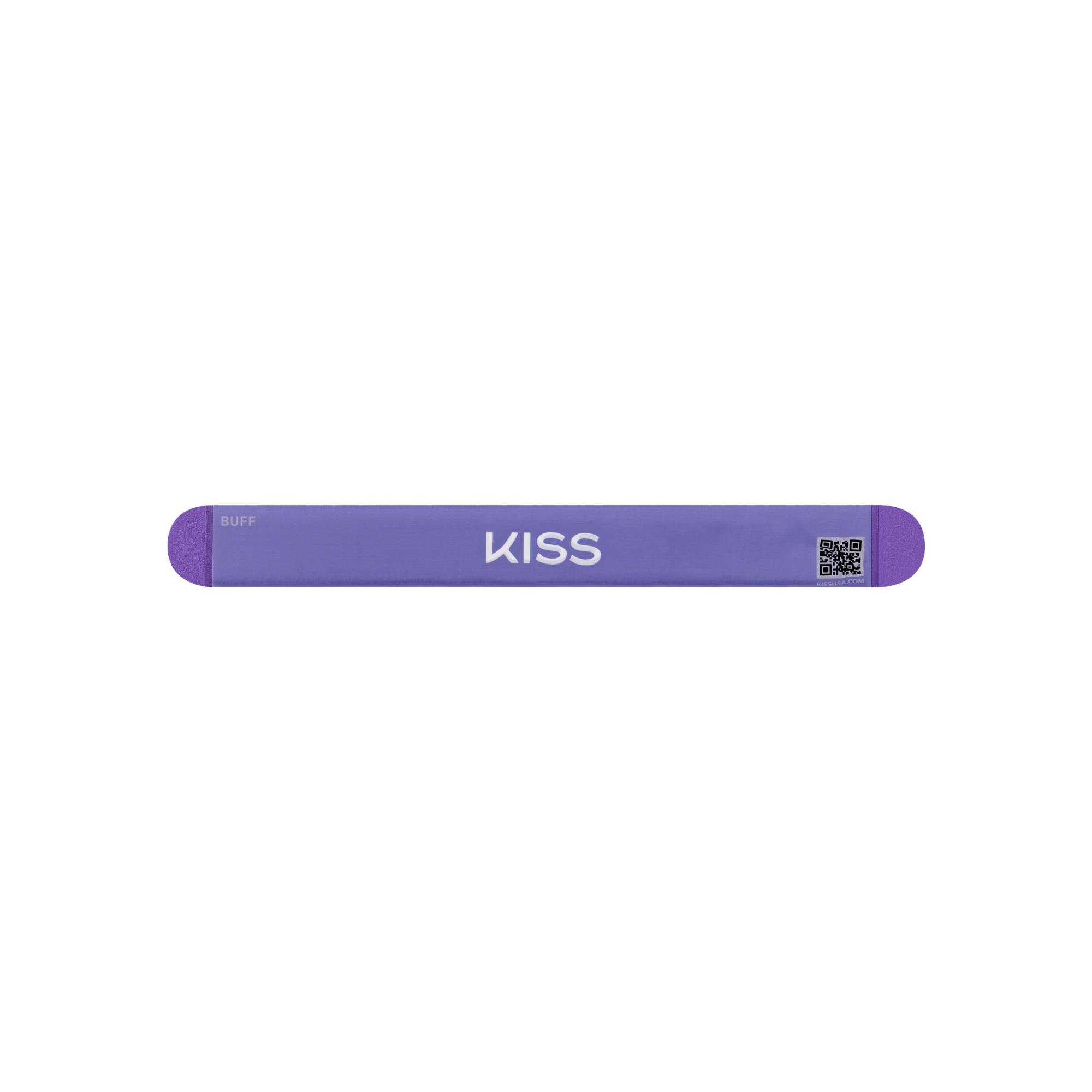 Purple KISS nail file with "BUFF" label and QR code