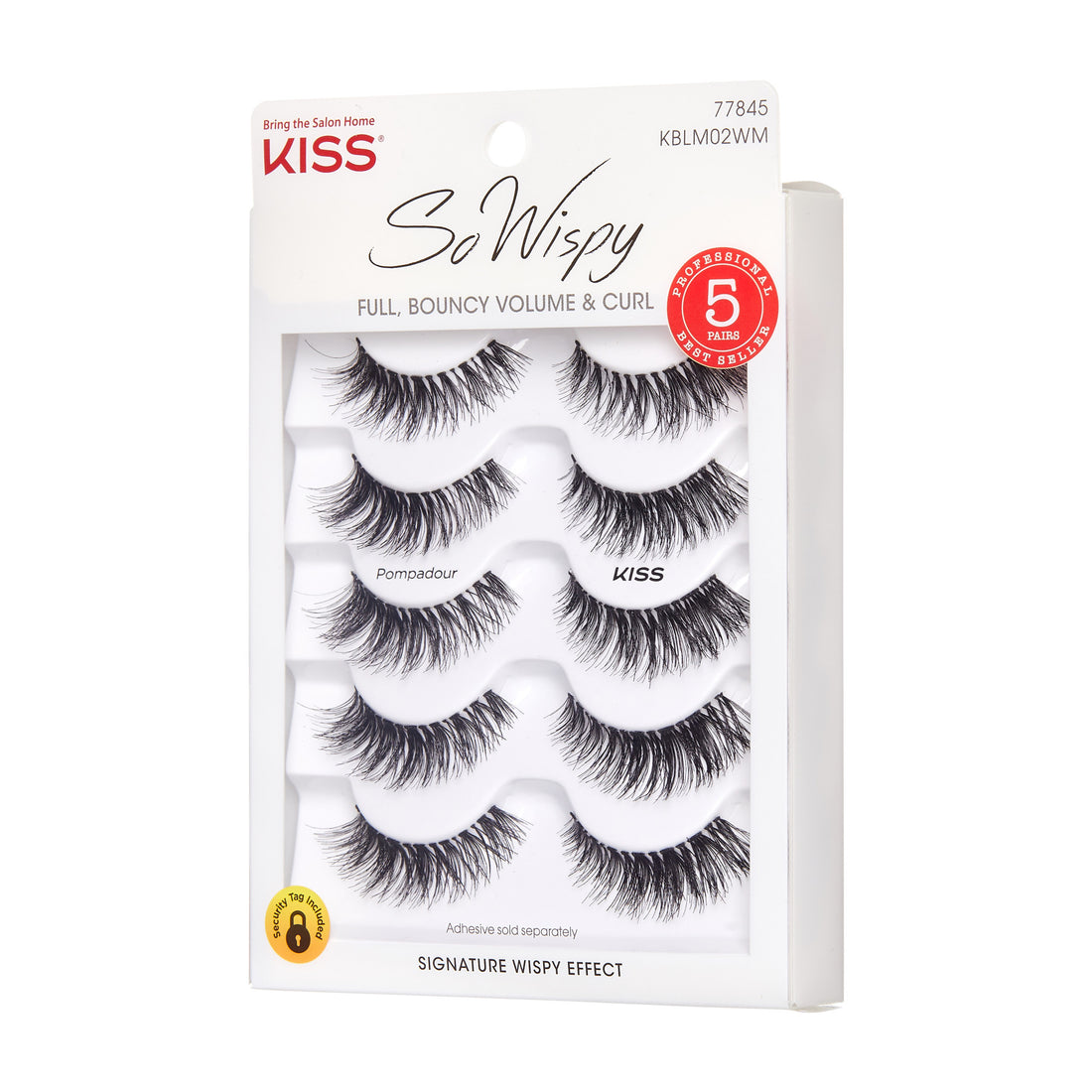 KISS So Wispy False Eyelashes multipack with five pairs of black, full, bouncy lashes labeled Pompadour, packaged in white box with text on volume and curl.