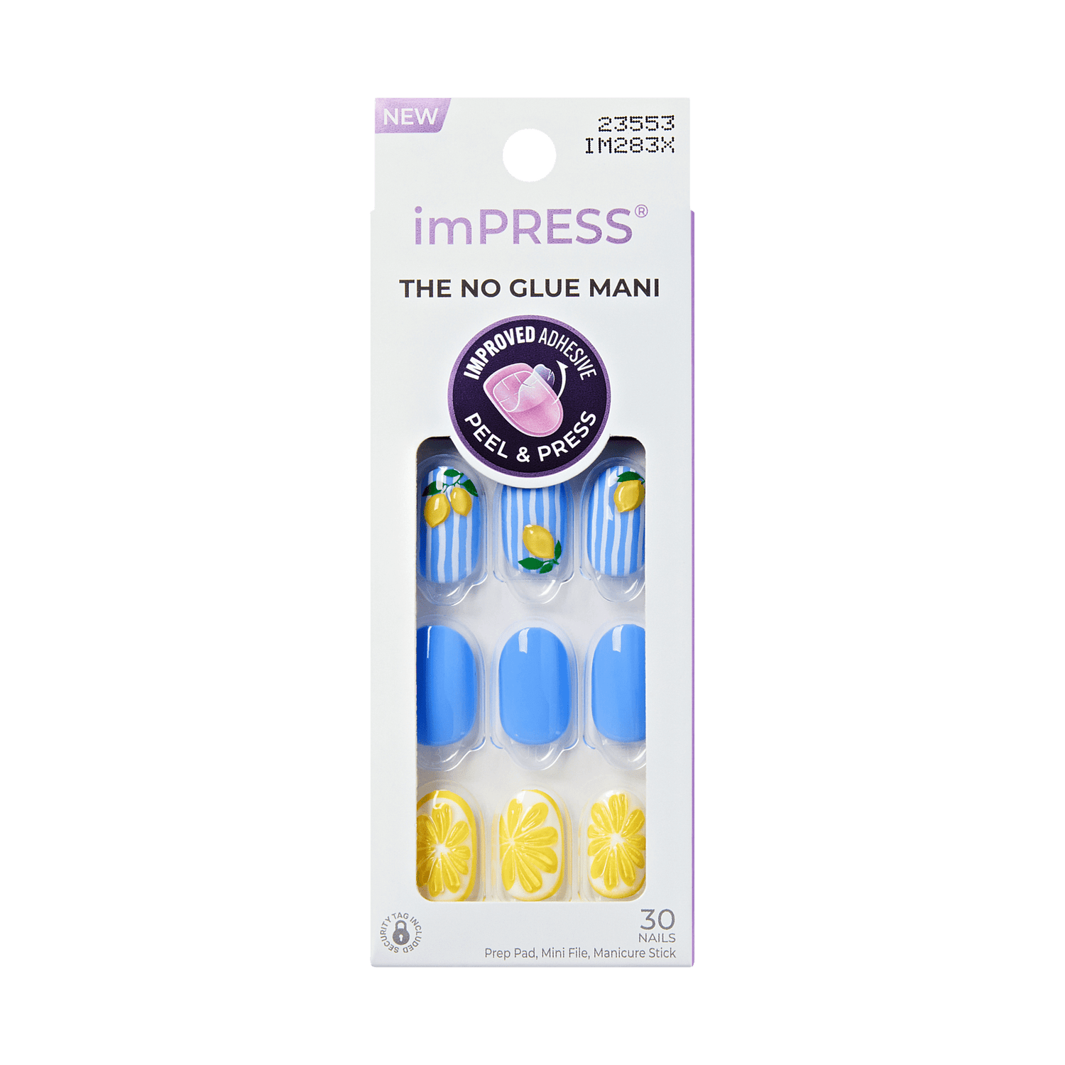 imPRESS no glue mani package with blue and yellow nail designs on a green background