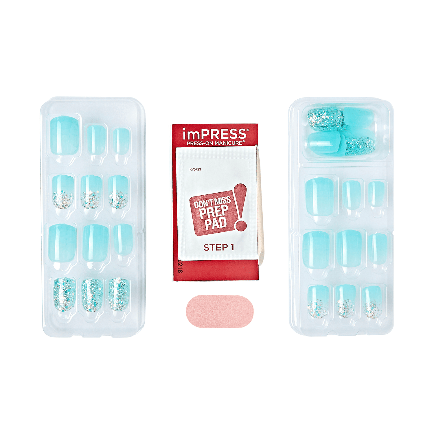 The image shows a set of press-on manicure nails from the brand "imPRESS." The set includes two trays of artificial nails, each containing various sizes of nails. The nails are light blue with some featuring glittery accents. In the center of the image, there is a red and white packet labeled "imPRESS Press-On Manicure" with the instruction "DON&