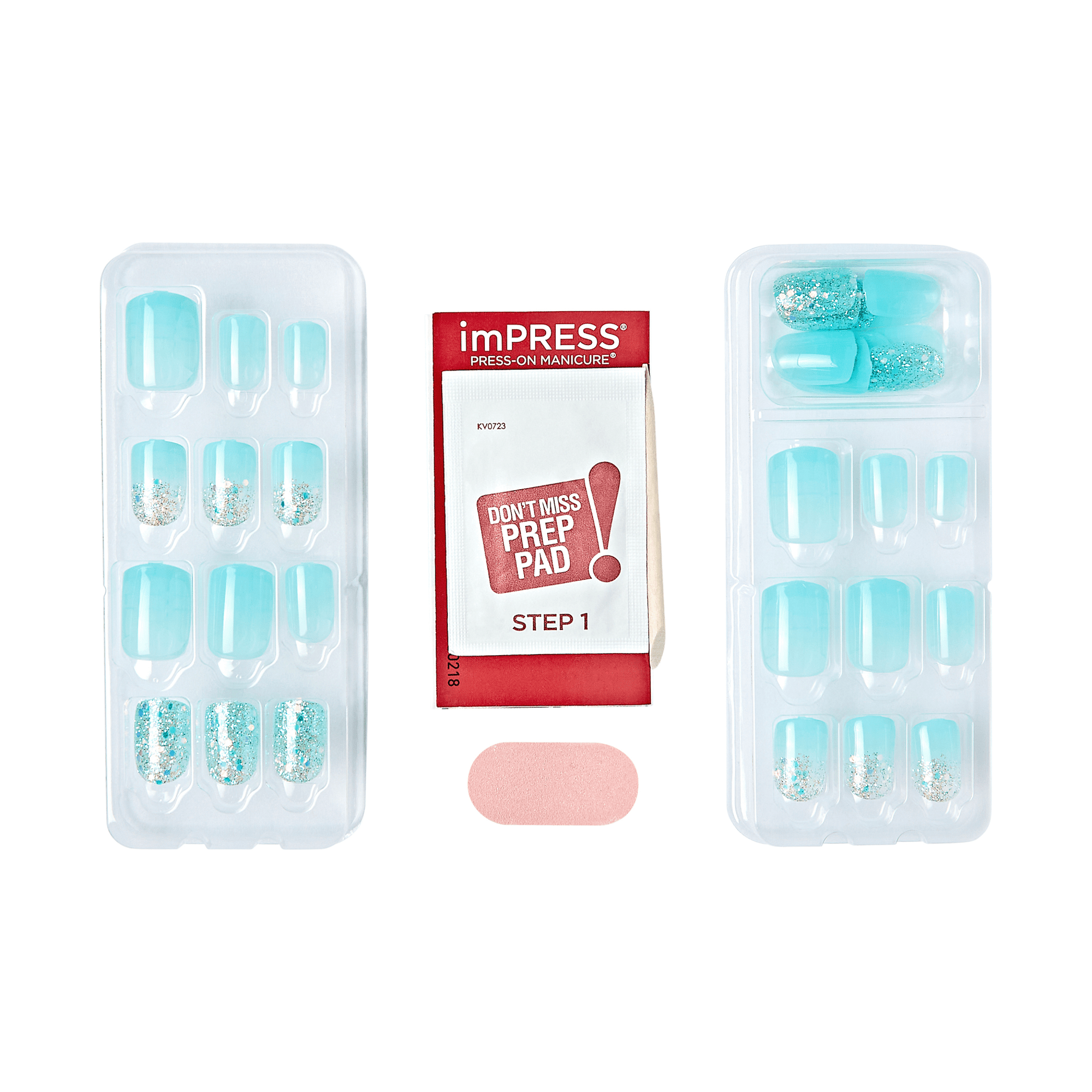 The image shows a set of press-on manicure nails from the brand "imPRESS." The set includes two trays of artificial nails, each containing various sizes of nails. The nails are light blue with some featuring glittery accents. In the center of the image, there is a red and white packet labeled "imPRESS Press-On Manicure" with the instruction "DON&